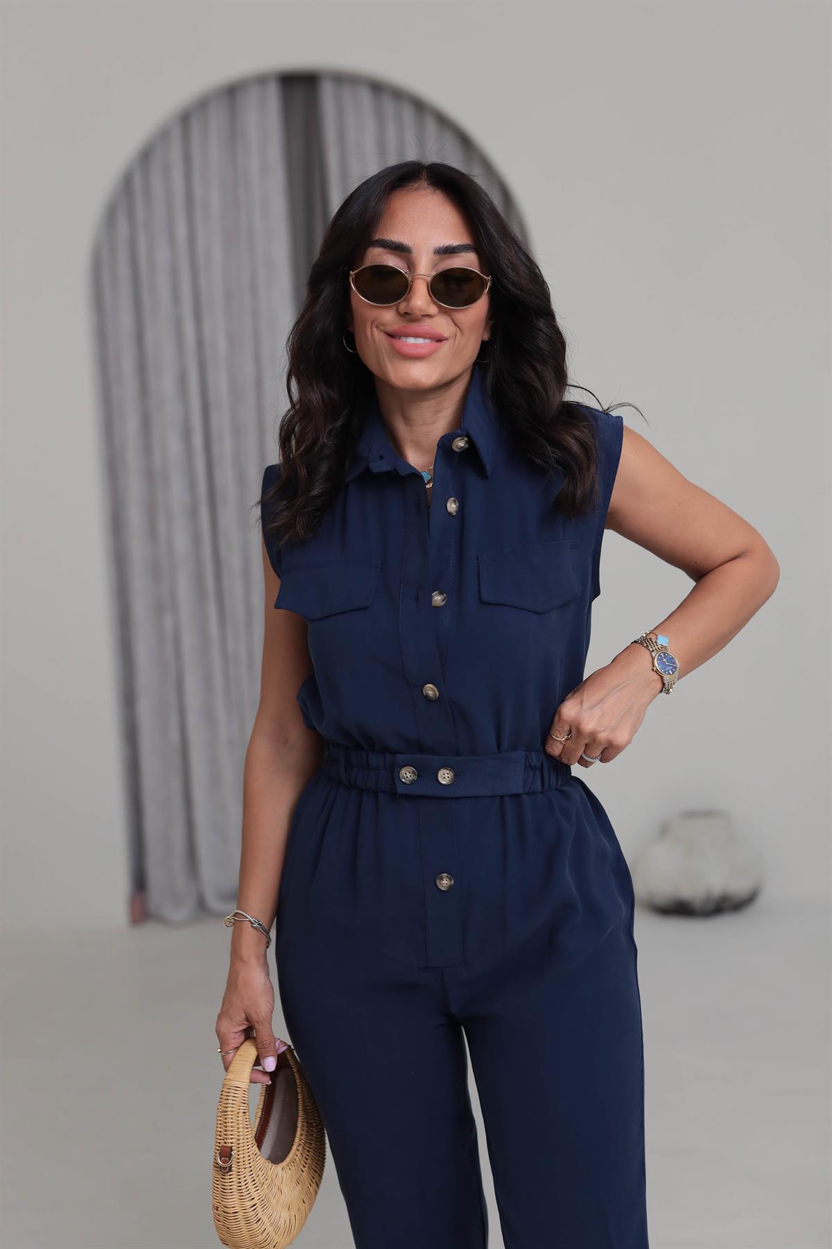 0107 Polo Yaka Kemerli Tencel Tulum LACİVERT