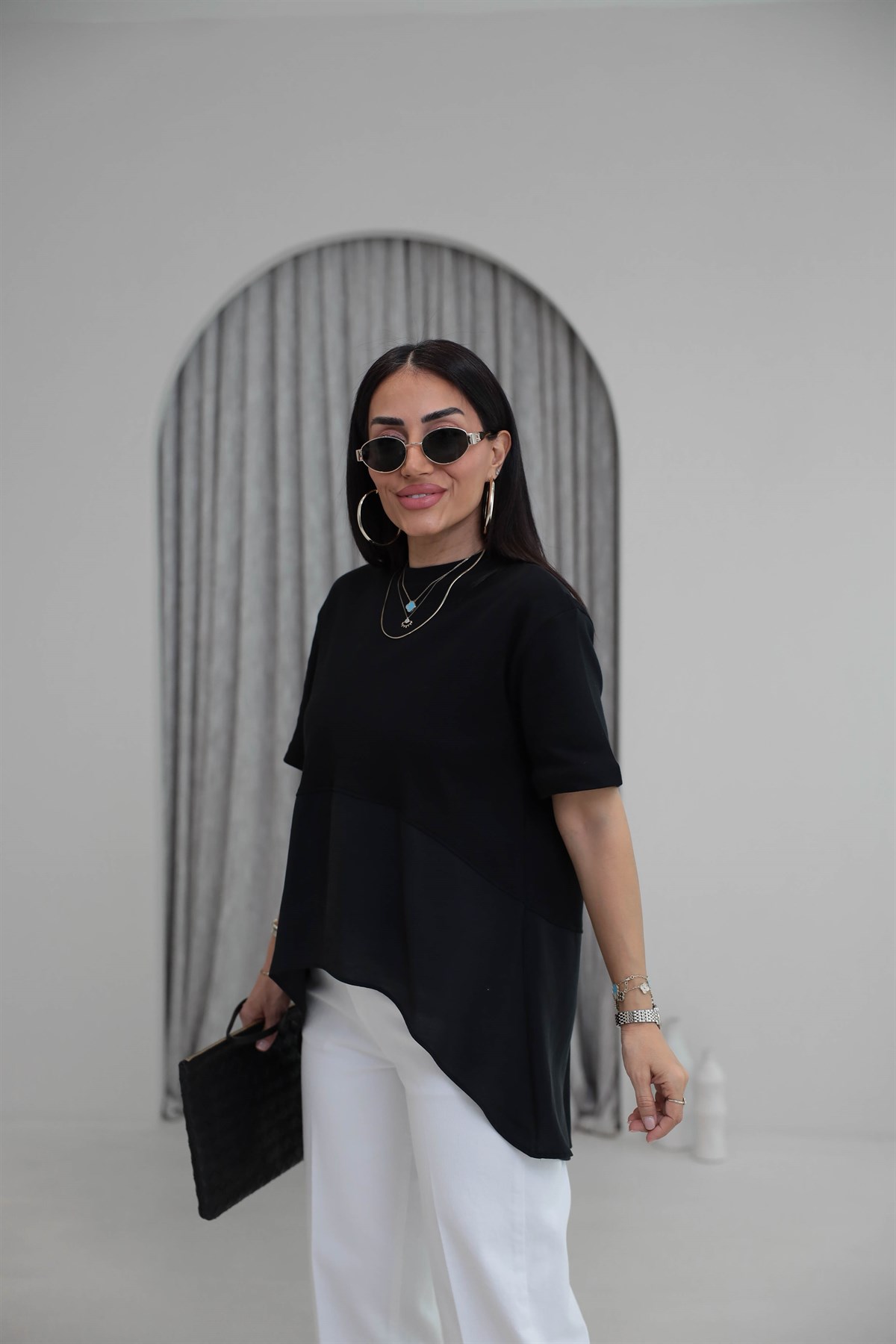 8204 Bisiklet Yaka Tencel Garnili Dökümlü Tshirt SİYAH