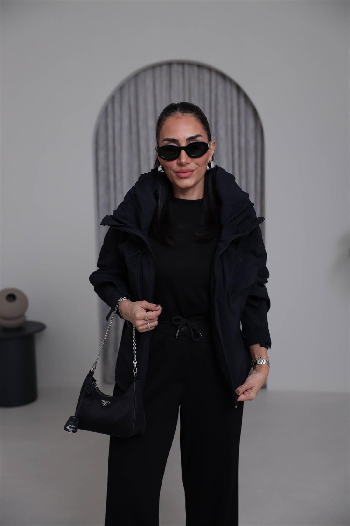 7077 Yaka Büzgülü Önden Fermuarlı Bomber SİYAH