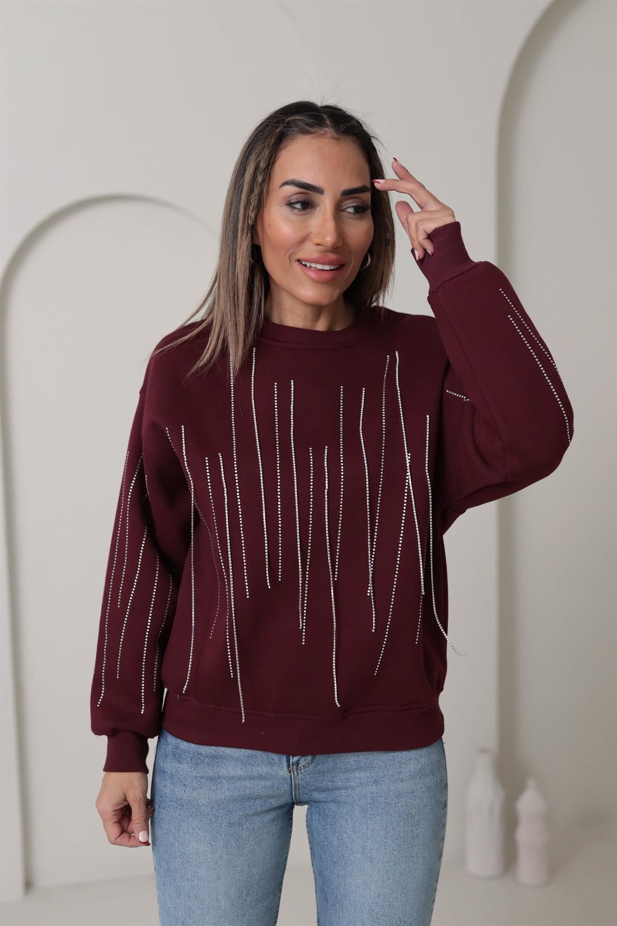 5653 Taş Zincir Detaylı Şardonlu Sweatshirt BORDO
