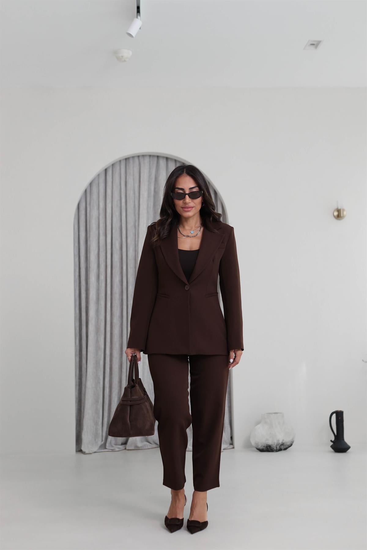 9246 Geniş Gazili Ceket Takım KAHVE