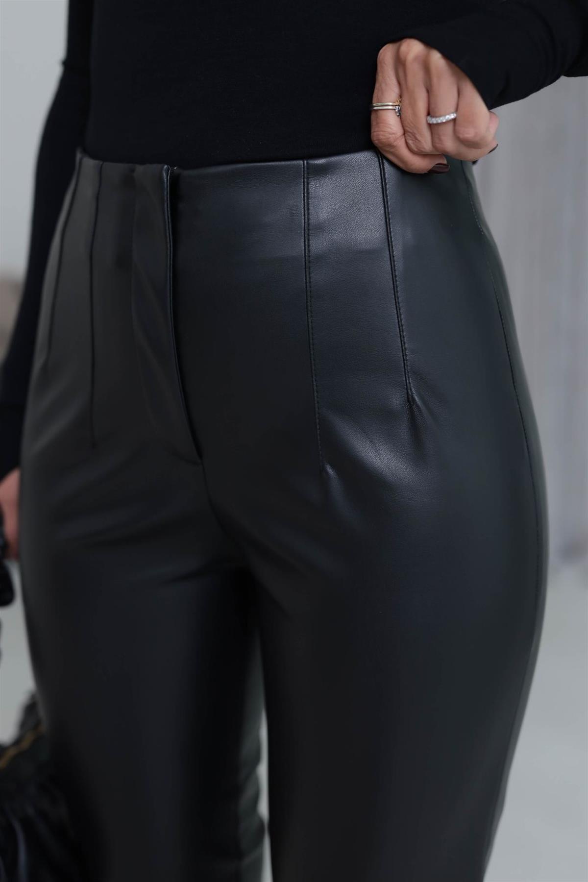 3947K Önü Flotalı Şardonlu Deri Pantolon SİYAH