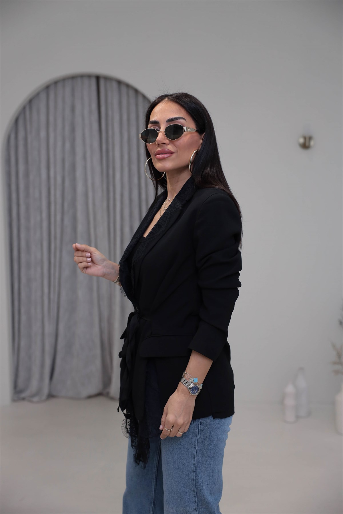 7241 Kuşaklı Dantel Detaylı Blazer Ceket SİYAH