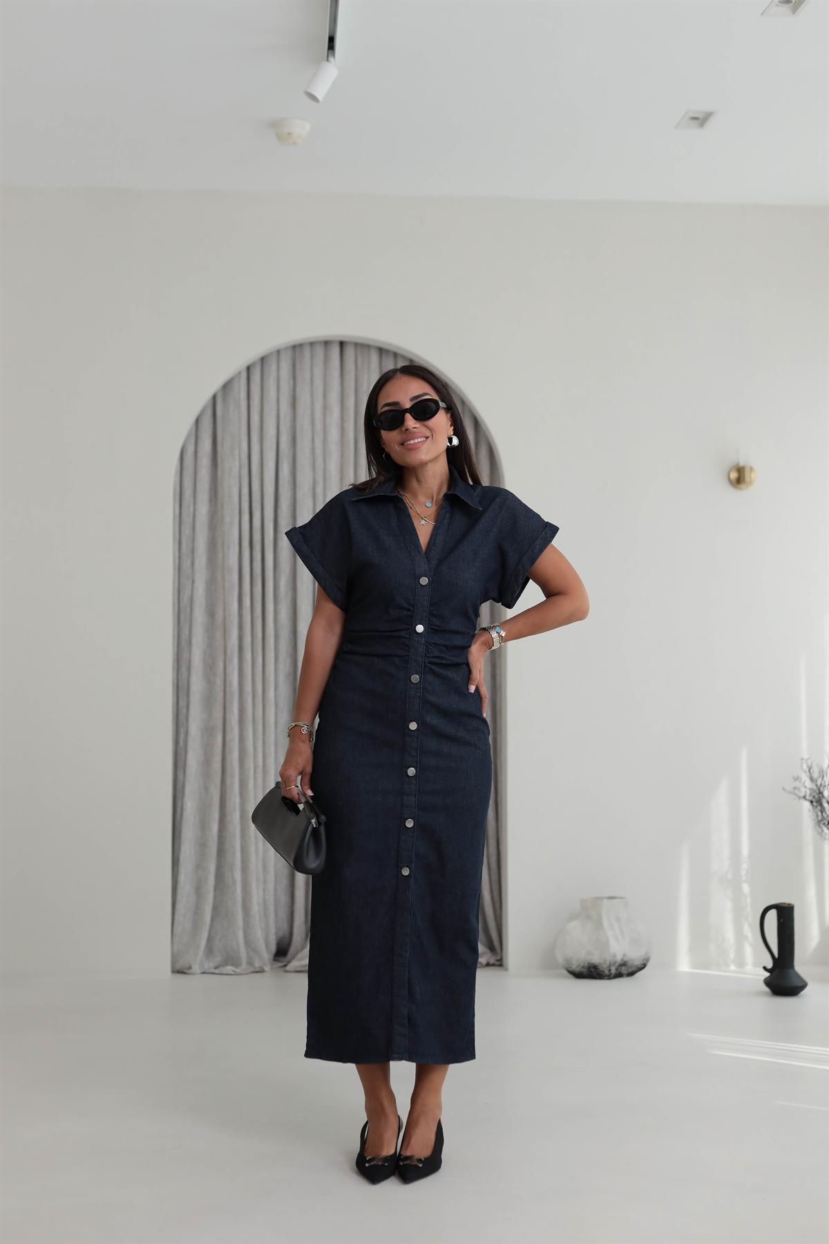 8198 Polo Yaka Drapeli Likralı Kot Elbise LACİVERT