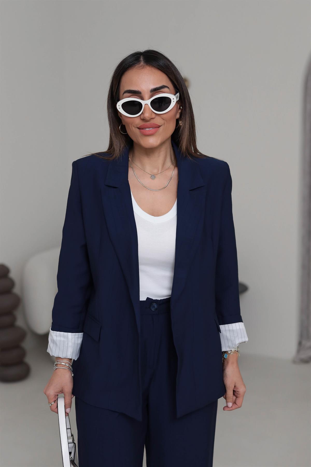 50178 Aeronbin Kol Katlamalı Çizgili Blazer Ceket LACİVERT