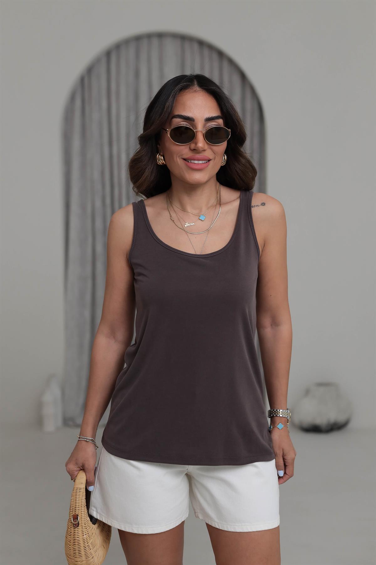 1121 Kalın Askılı Yumuşak Dokulu Dökümlü Atlet KAHVE