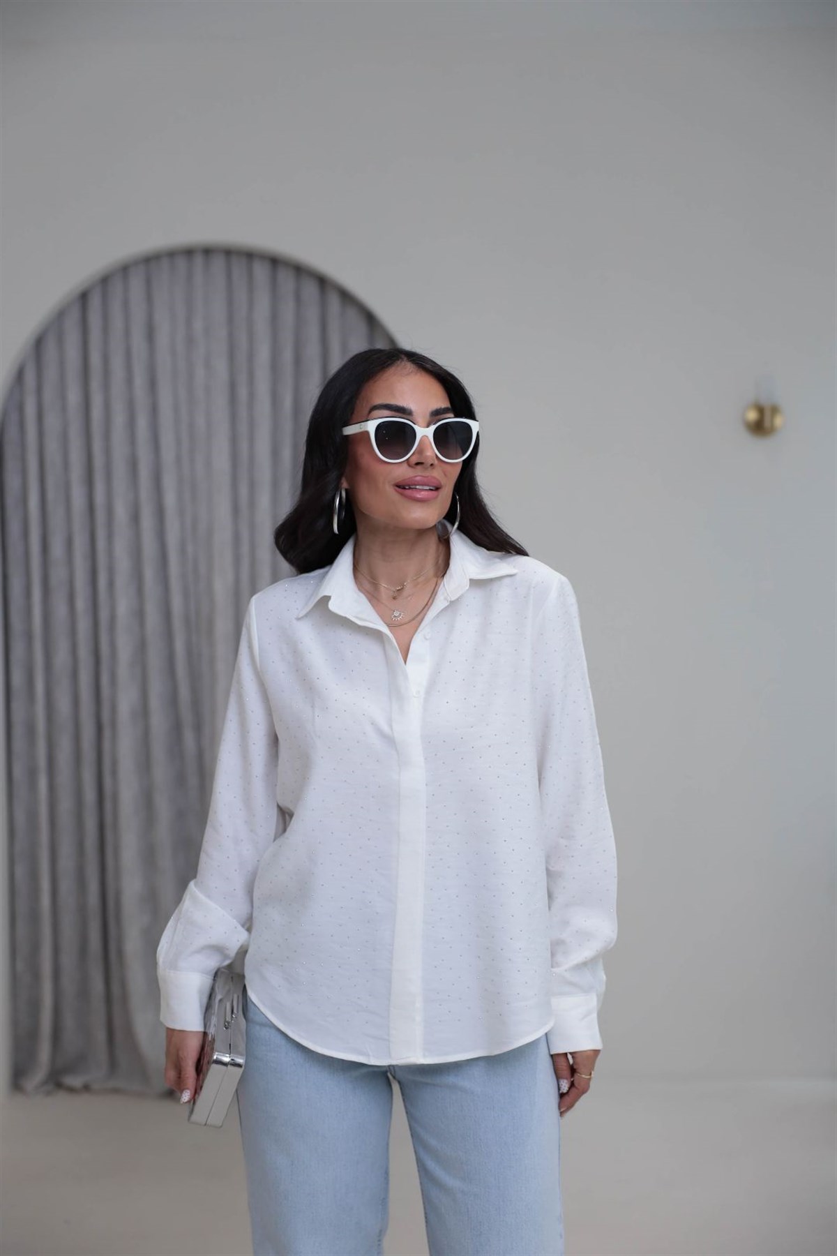 7335 Tencel Kumaş Taşlı Gömlek EKRU