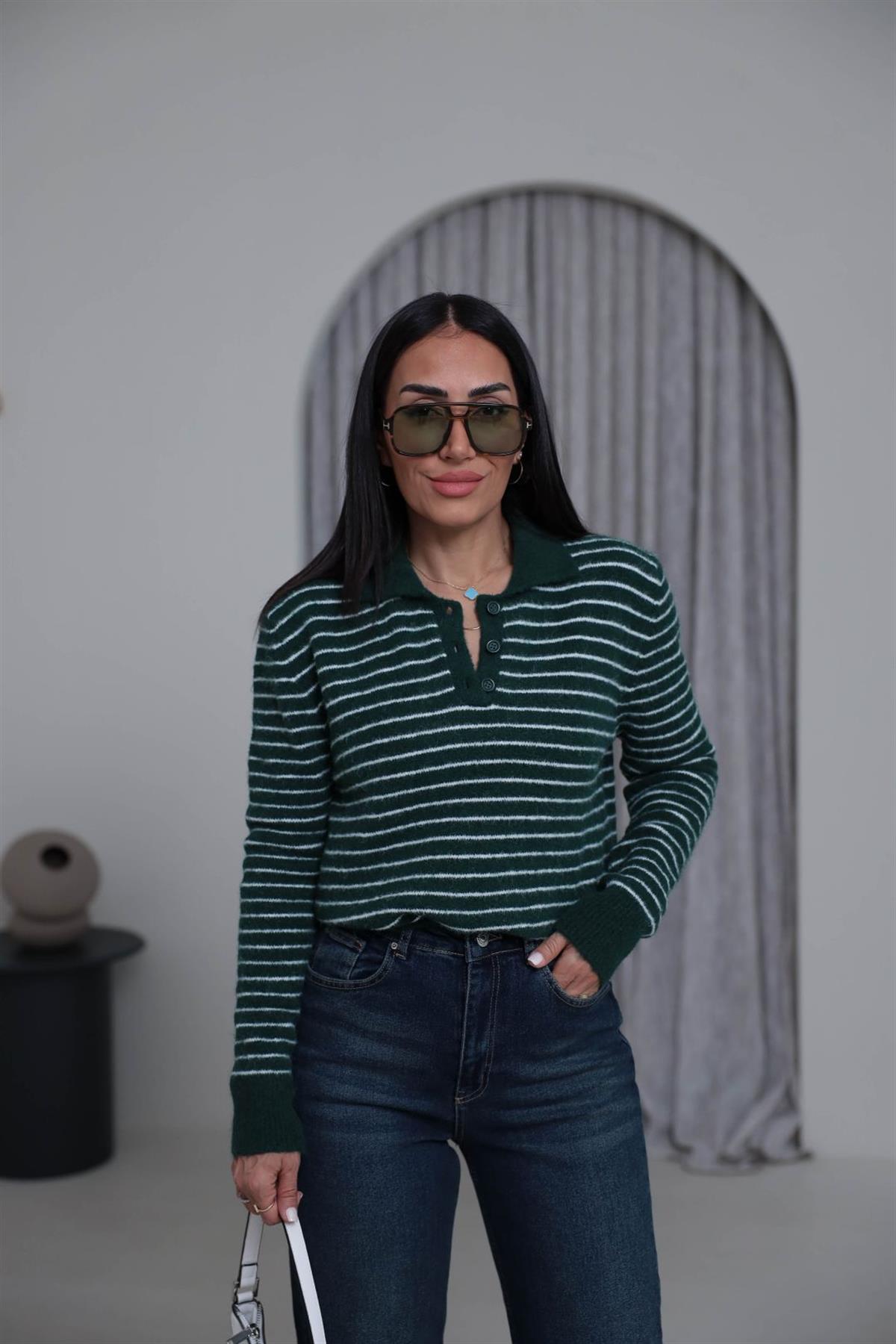 4968 Polo Yaka Yarım Düğmeli Çizgili Kazak YEŞİL