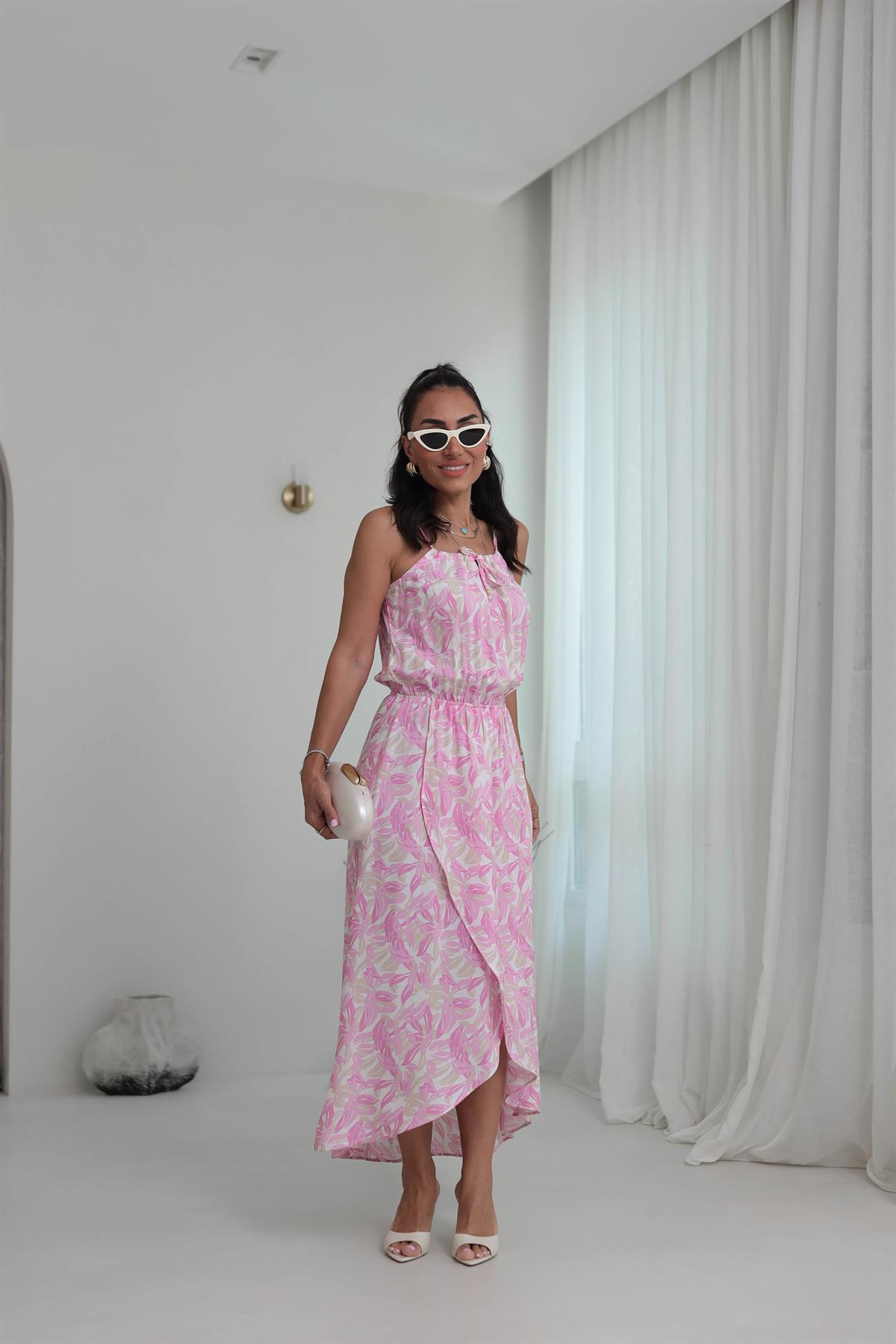 7298 Boncuk Detay Bağlamalı Bel Lastikli Elbise PEMBE