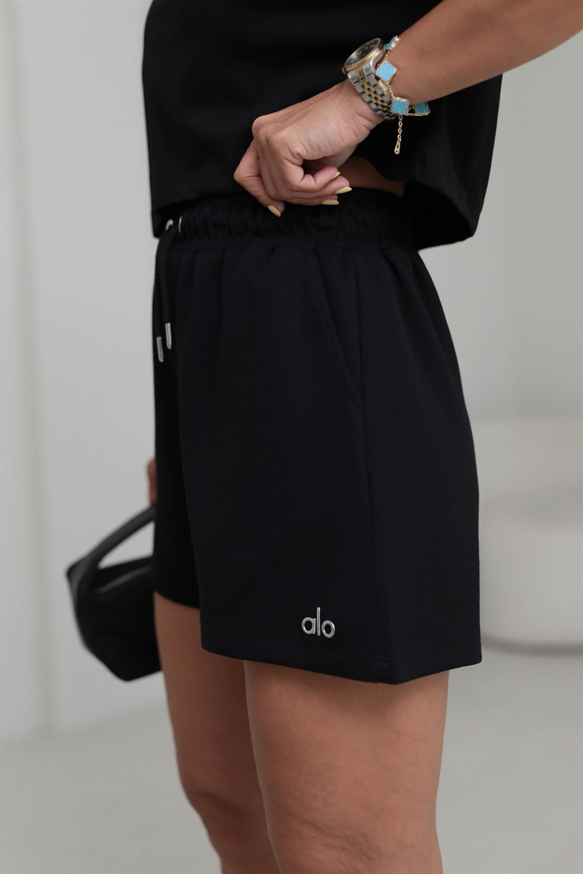 029 Gümüş Yazı Detaylı Modal Kumaş Şort SİYAH