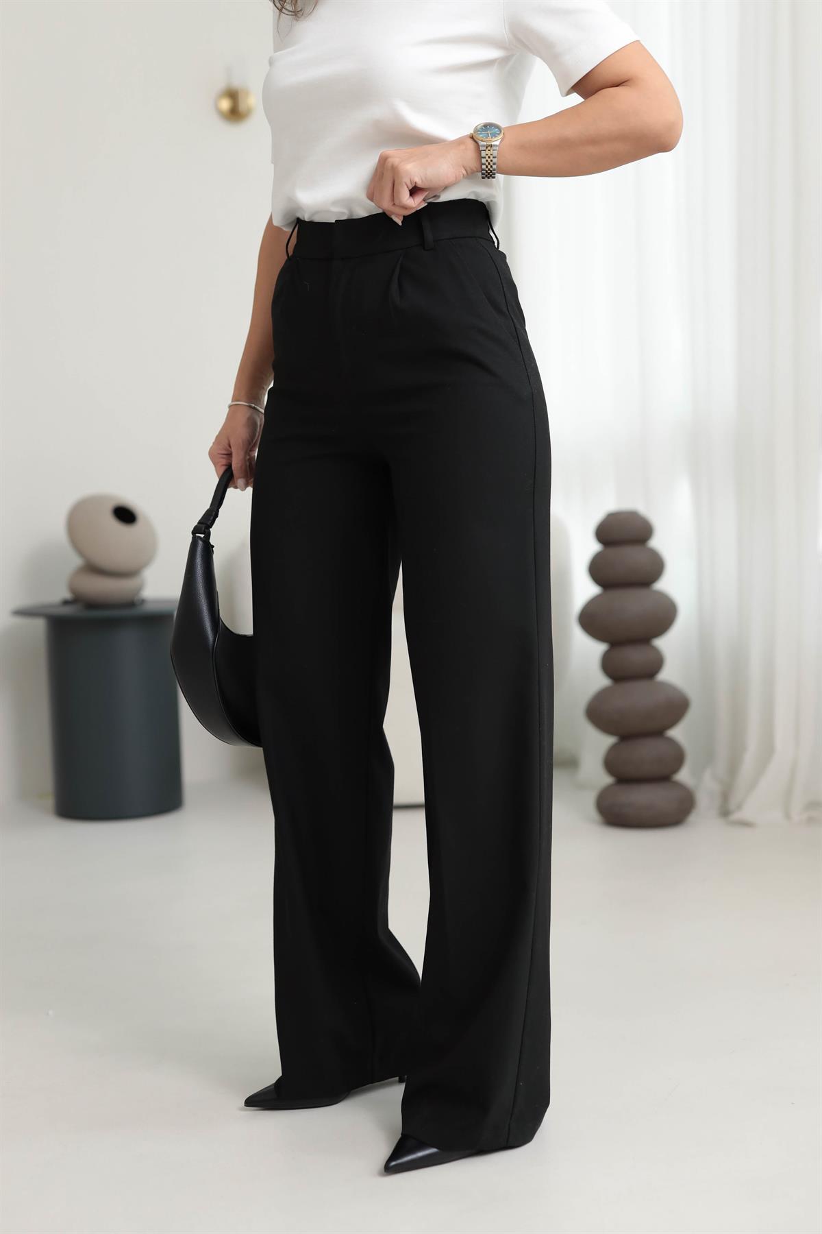 6571 Arka Bel Lastikli Palazzo Pantolon SİYAH