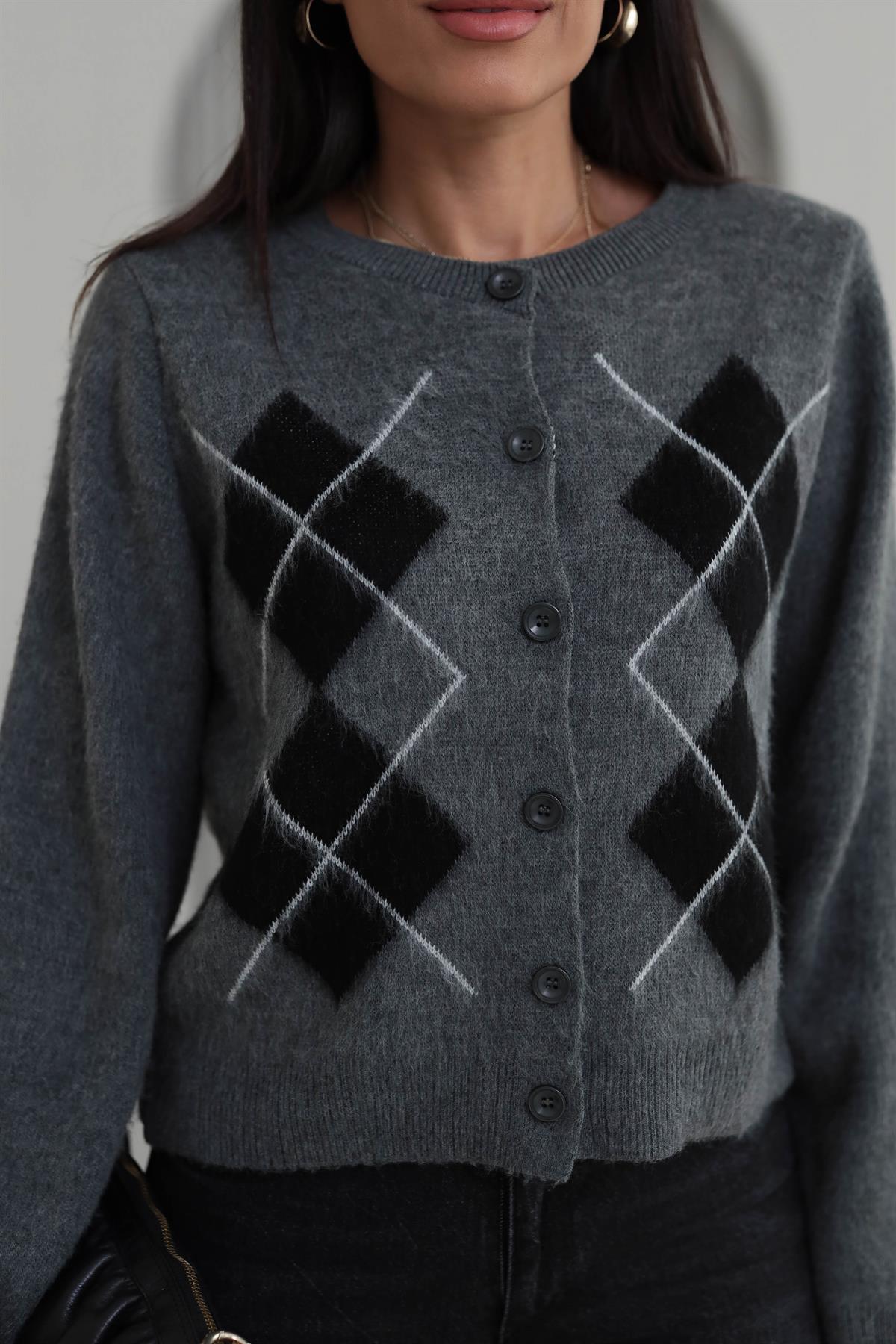 5263 Bisiklet Yaka Baklava Desen Massi Hırka GRİ