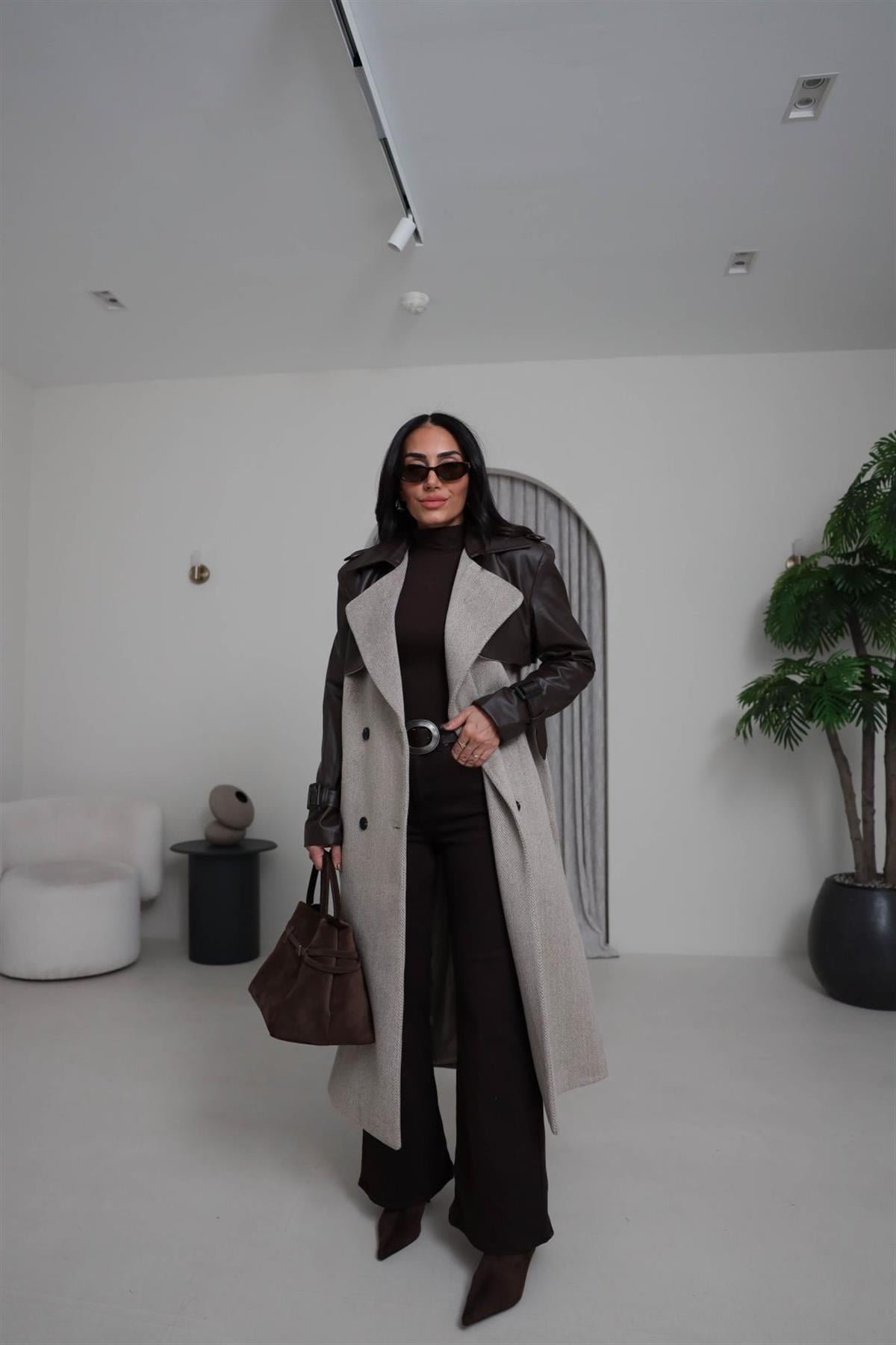 9039 Deri Garnili Kuşaklı Balıksırtı  Premium Kaban ACI KAHVE