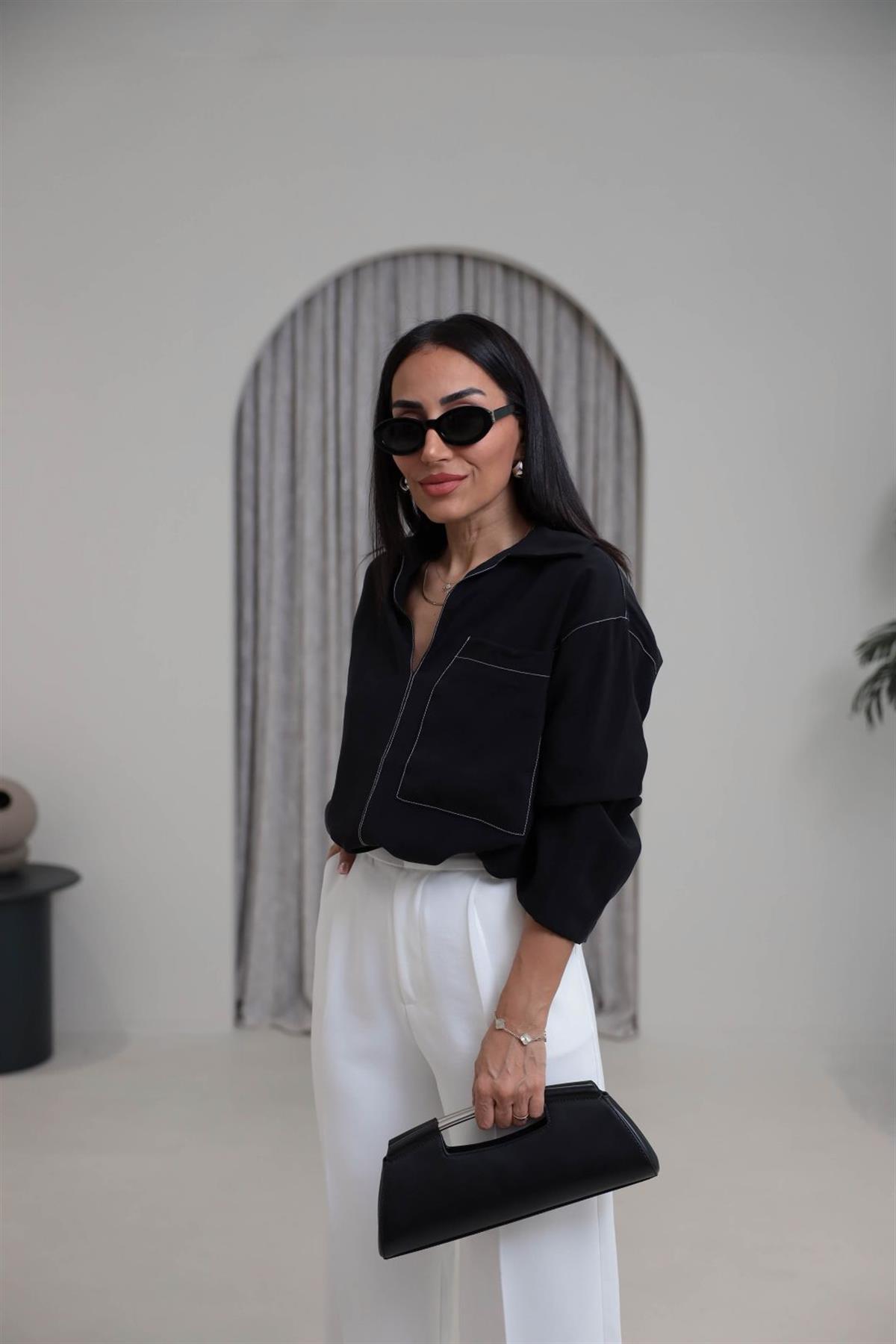 0723 Zincir Dikişli Cep Detay Tencel Gömlek SİYAH