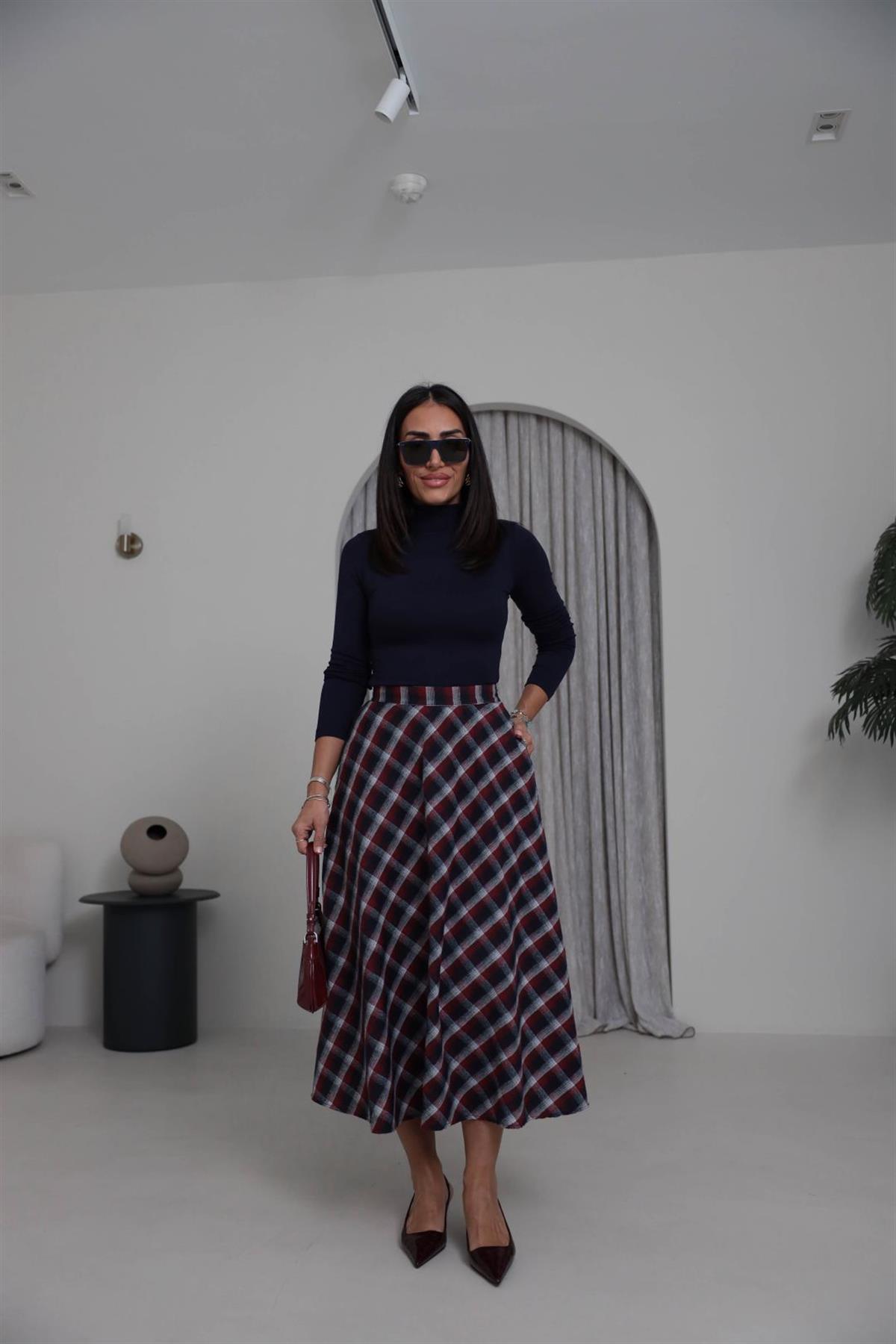 4086 Midi Boy Ekose Etek BORDO-LACİ