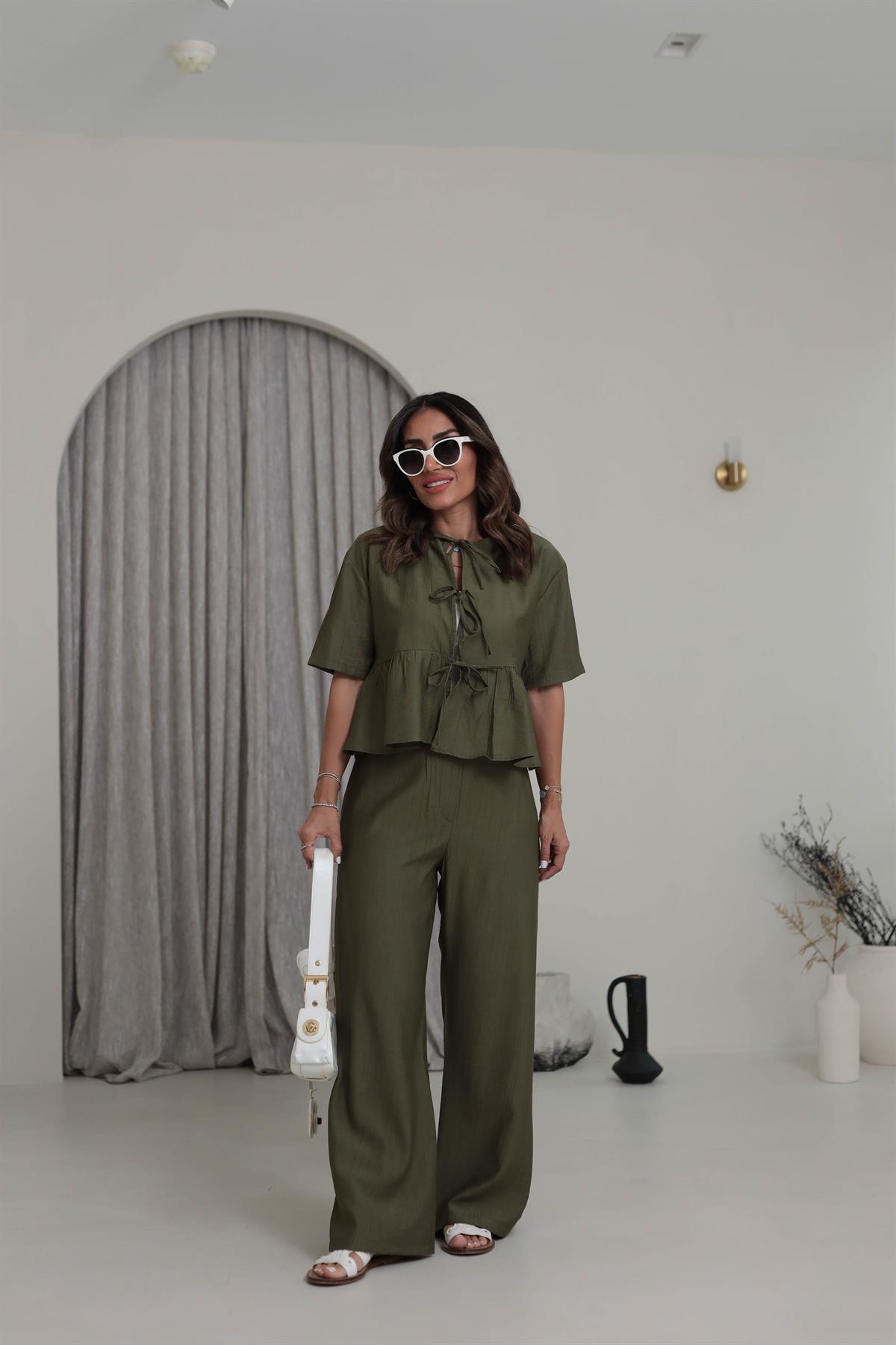 9265 Bağlama Detaylı Çilek Kumaş Takım HAKİ YEŞİL