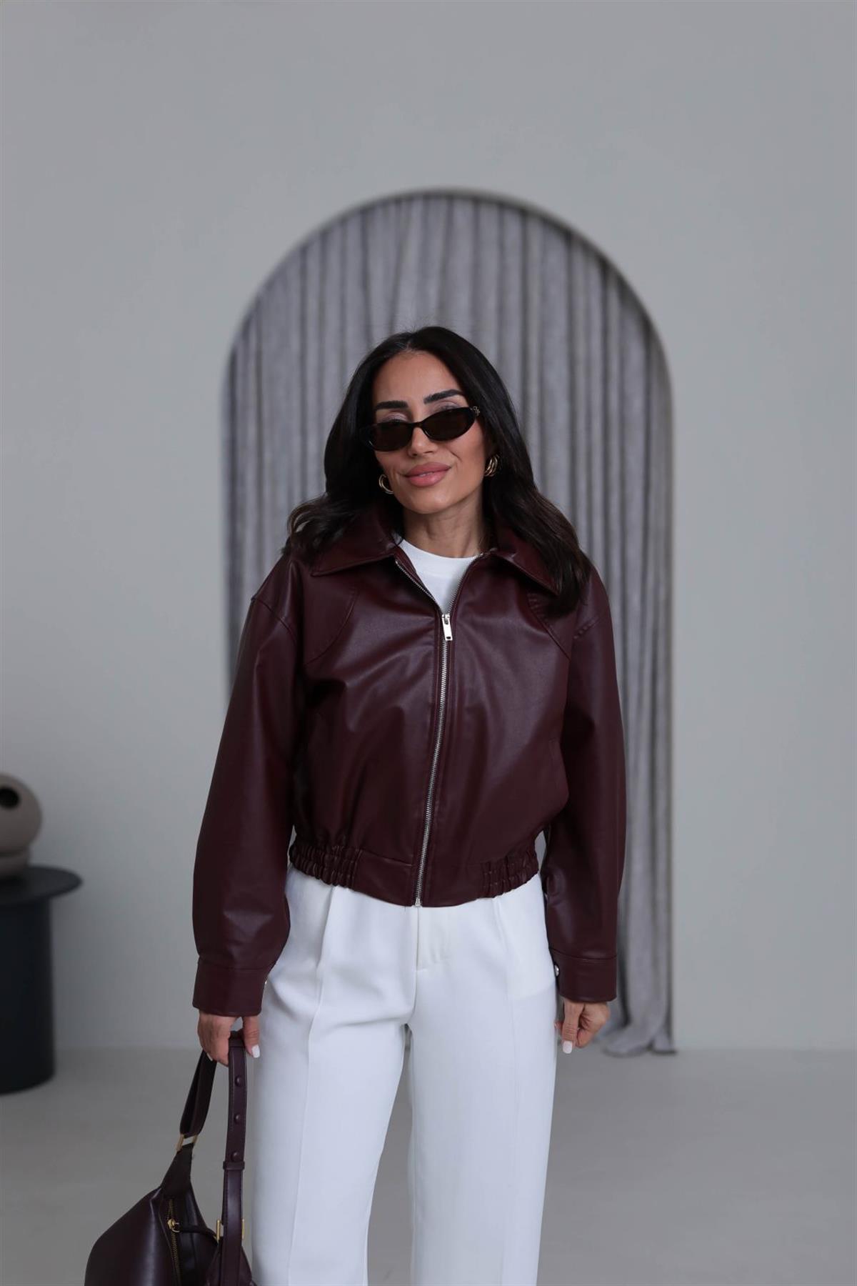 3128 Bel Lastikliı Suni Deri Bomber Ceket BORDO