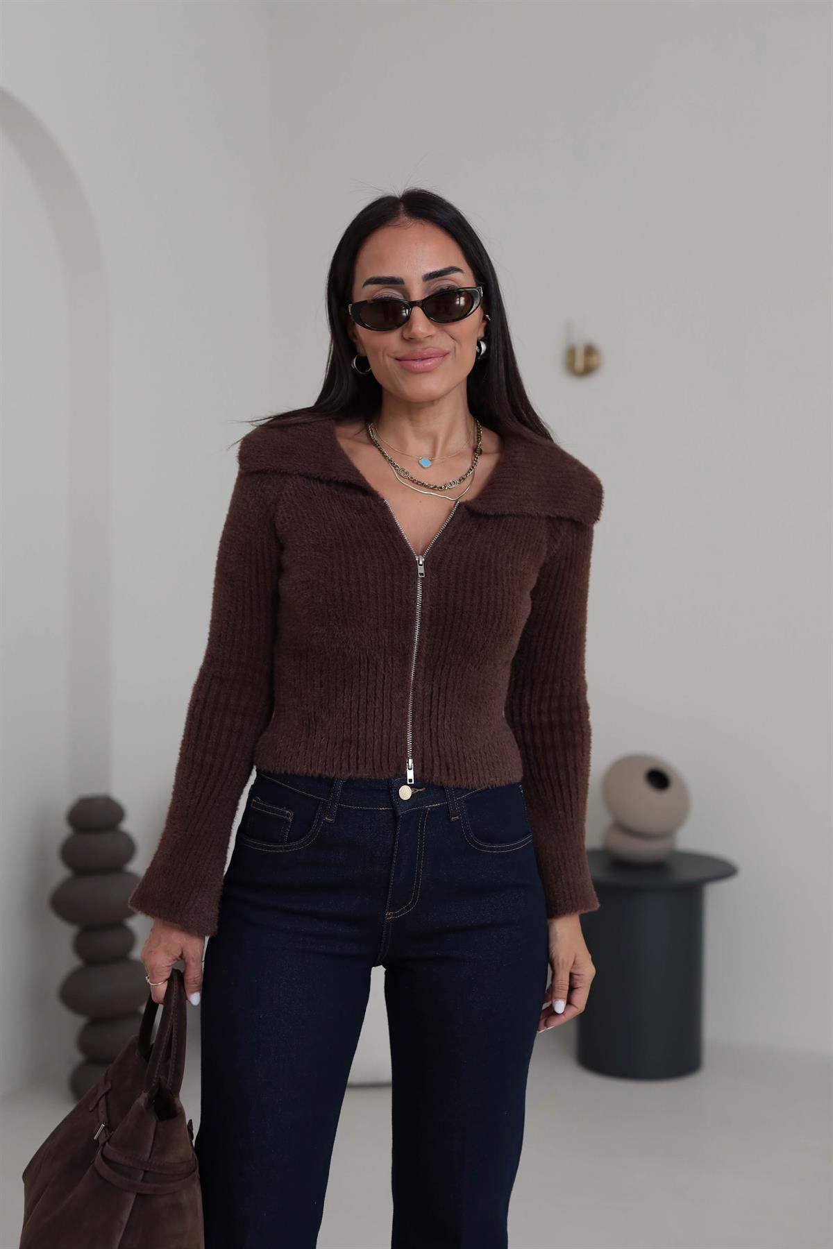 4952 Çift Fermuarlı Kol Yırtmaçlı Triko Hırka Bluz KAHVE