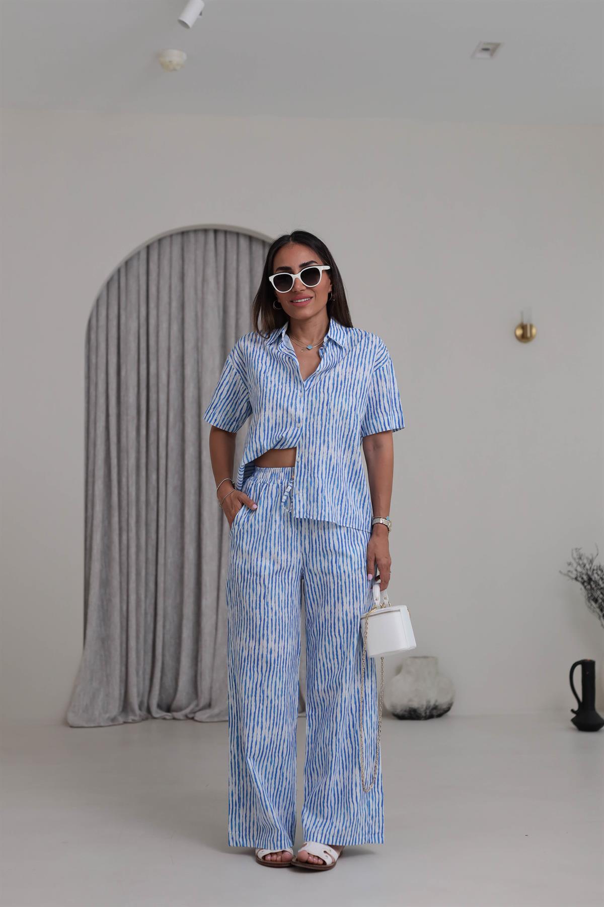 3462 Çizgi Desen Gömlekli Pantolon Takım MAVİBEYAZ