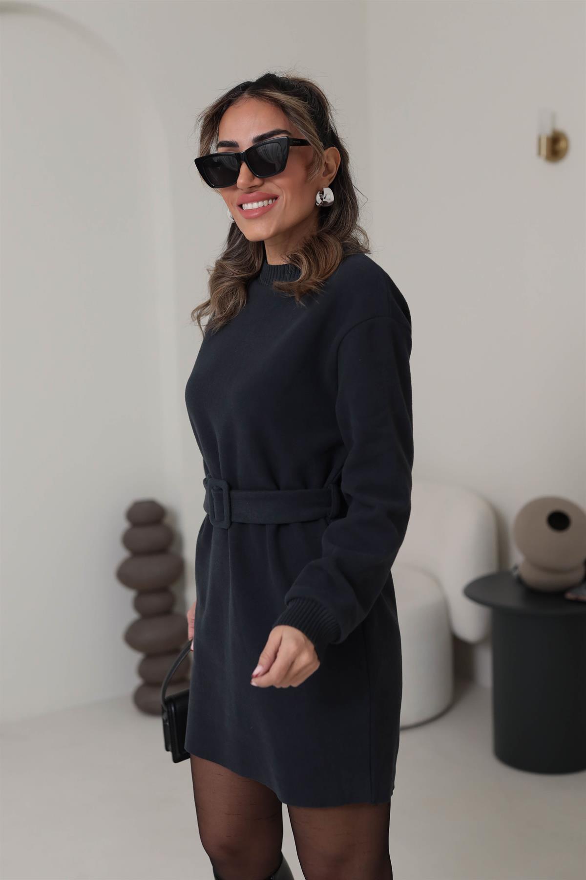 6514 Selanik Kemerli Rahat Elbise ANTRASİT
