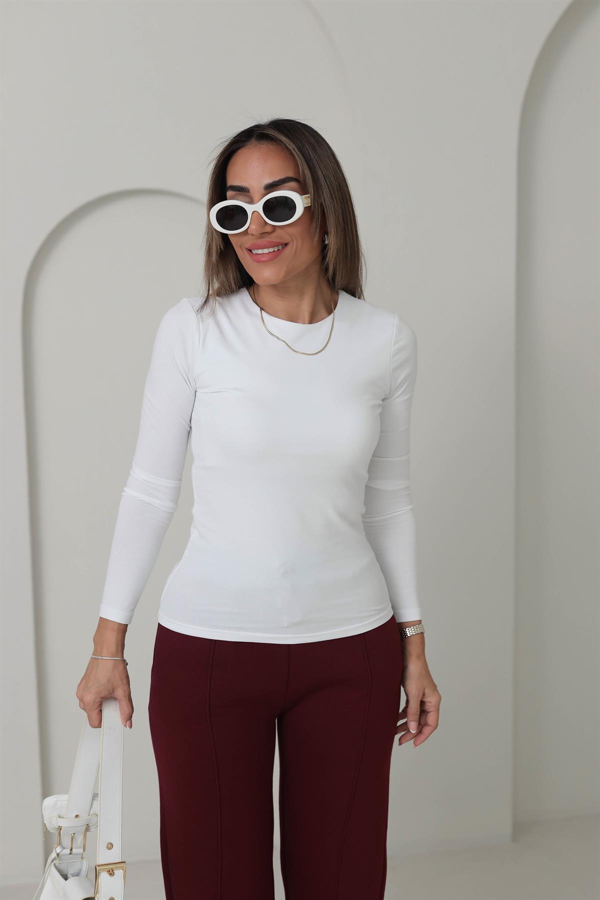 6487 Sıfır Yaka Pamuklu Yumuşak Bluz BEYAZ