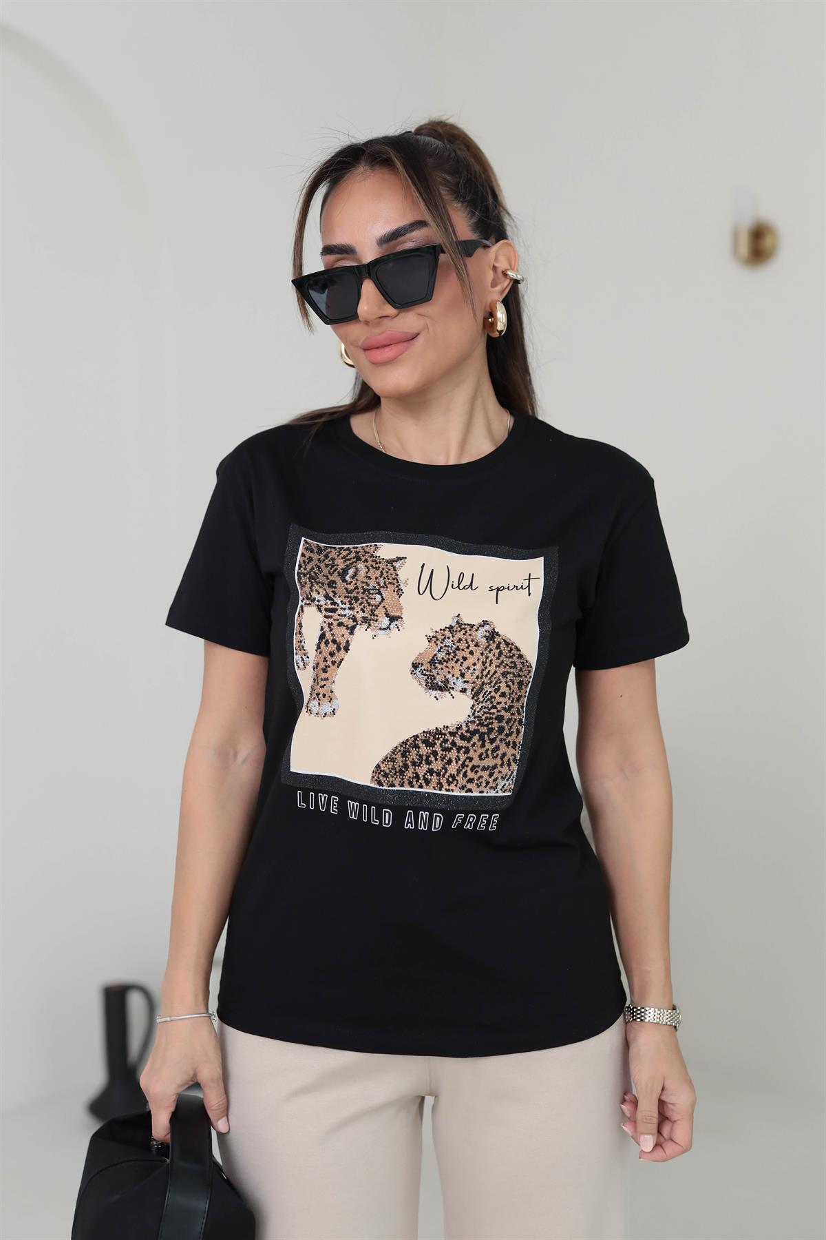 7068 Kaplan Baskılı Taşlı Pamuklu Tshirt SİYAH