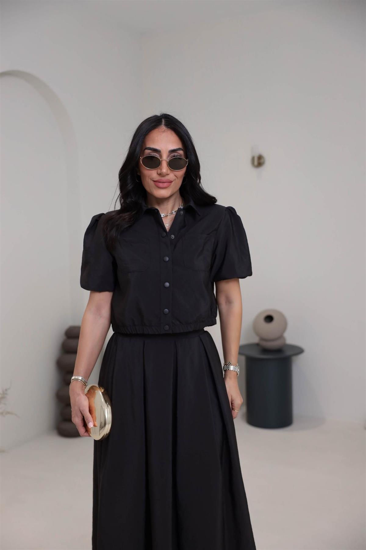 8075 Dokuma Cepli Gömlek Etek Takım KAHVE