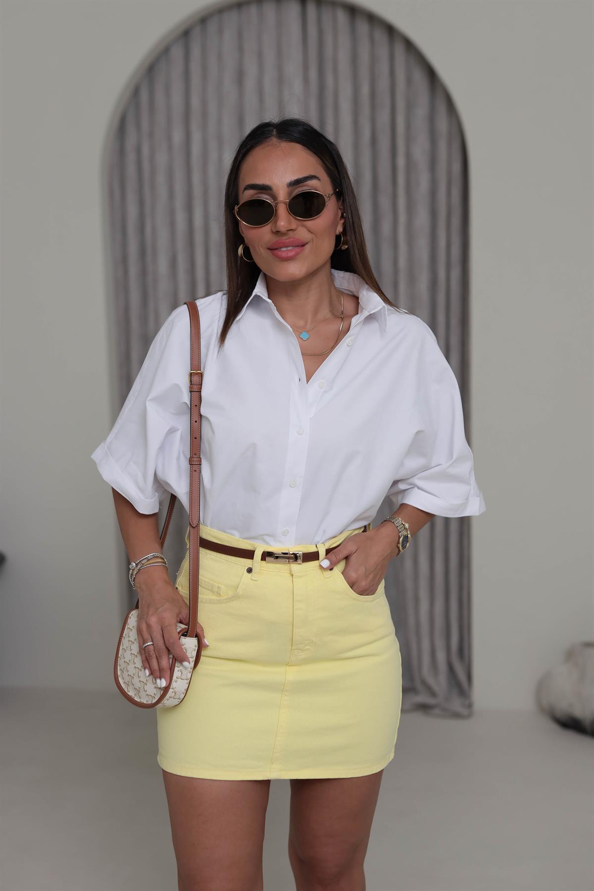 1754 Kısa Kol Oversize Poplin Gömlek BEYAZ