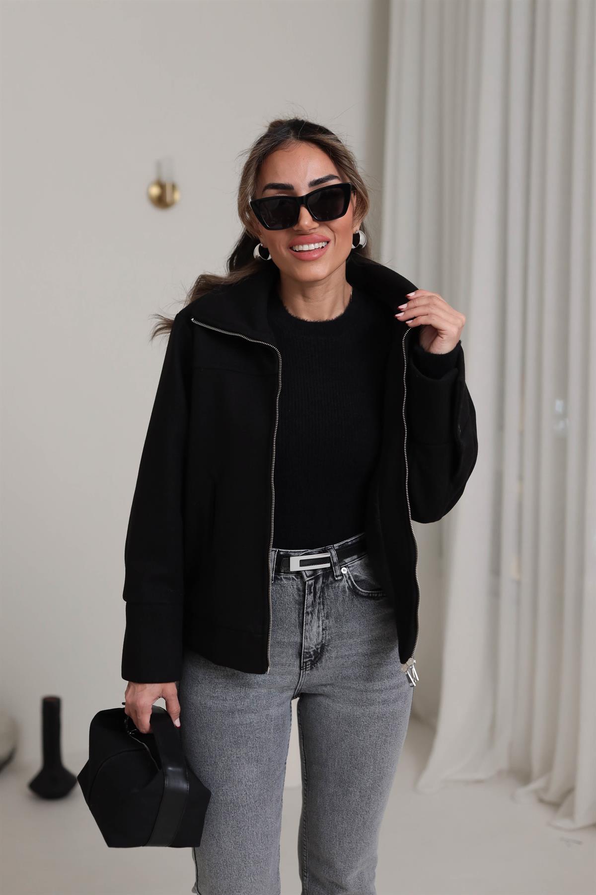 9567 Fermuarlı Kaşe Mont SİYAH