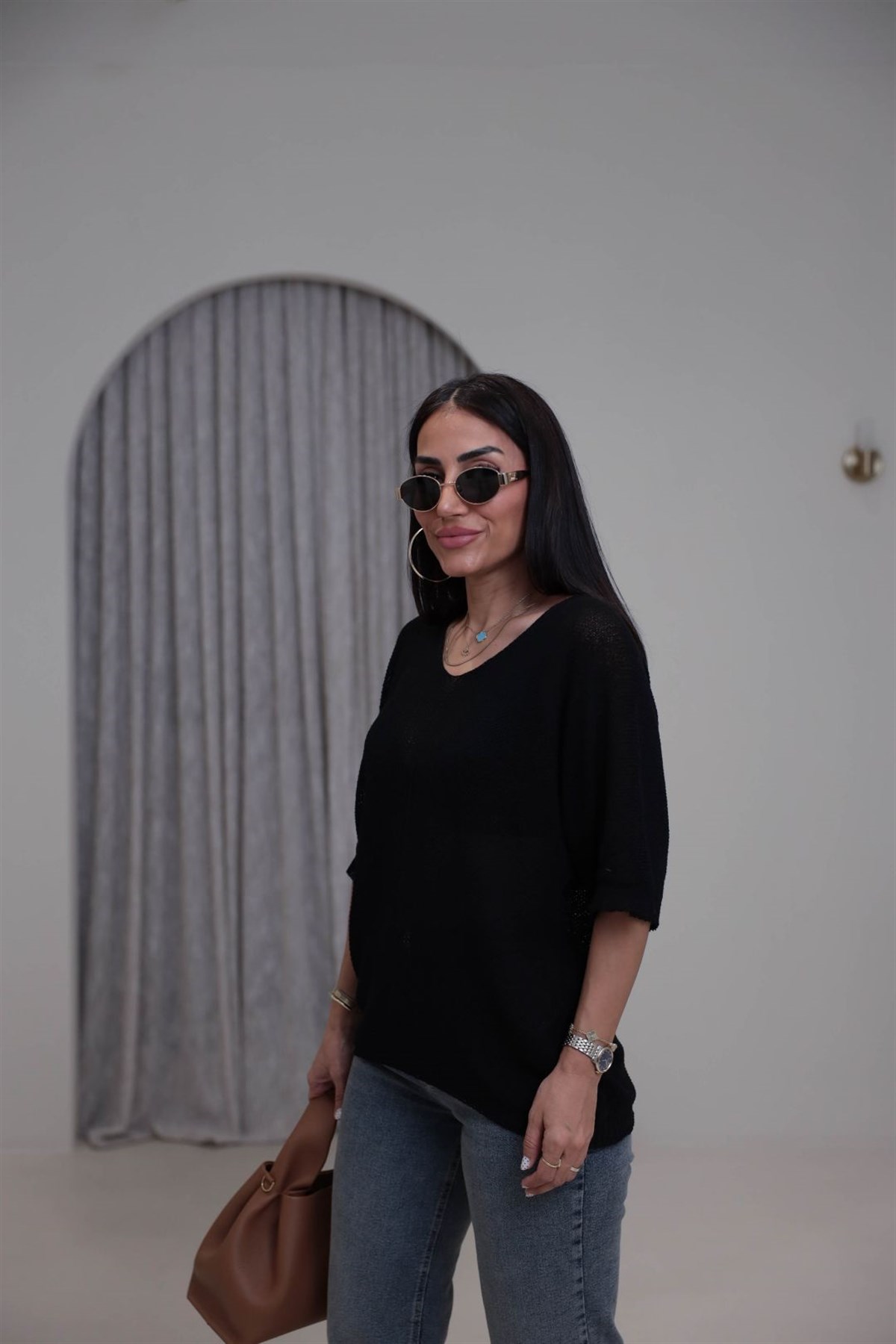 0174 Ajurlu Yarasa Kol Bluz SİYAH