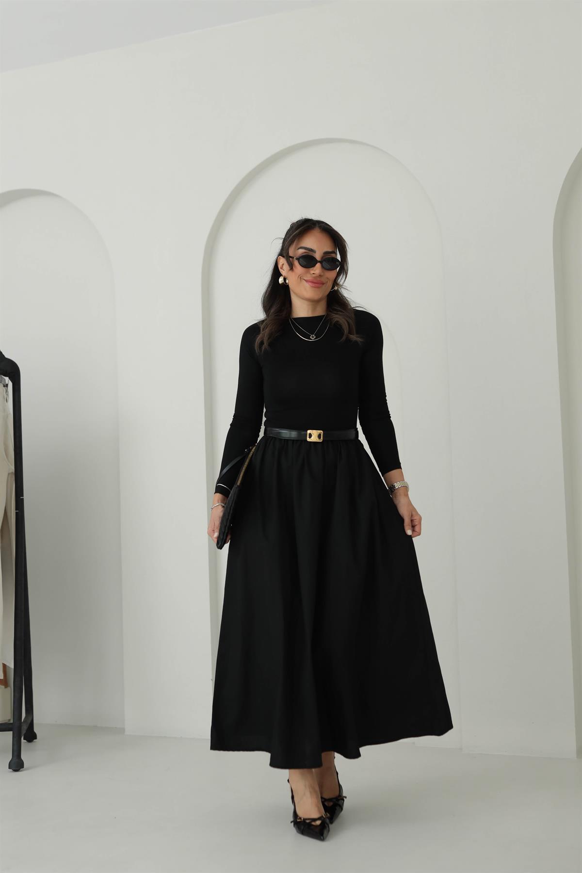 2062 Penye Detaylı Parçalı Poplin Elbise SİYAH