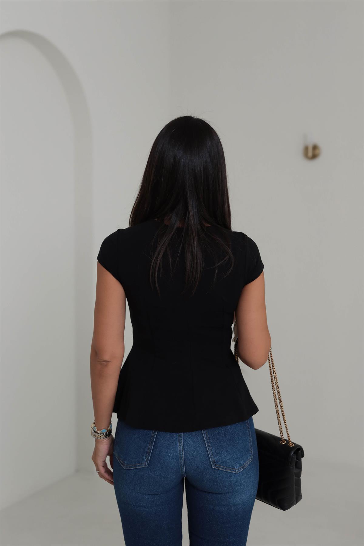 1992 Bisiklet Yaka Kısa Kol Peplum Tshirt SİYAH