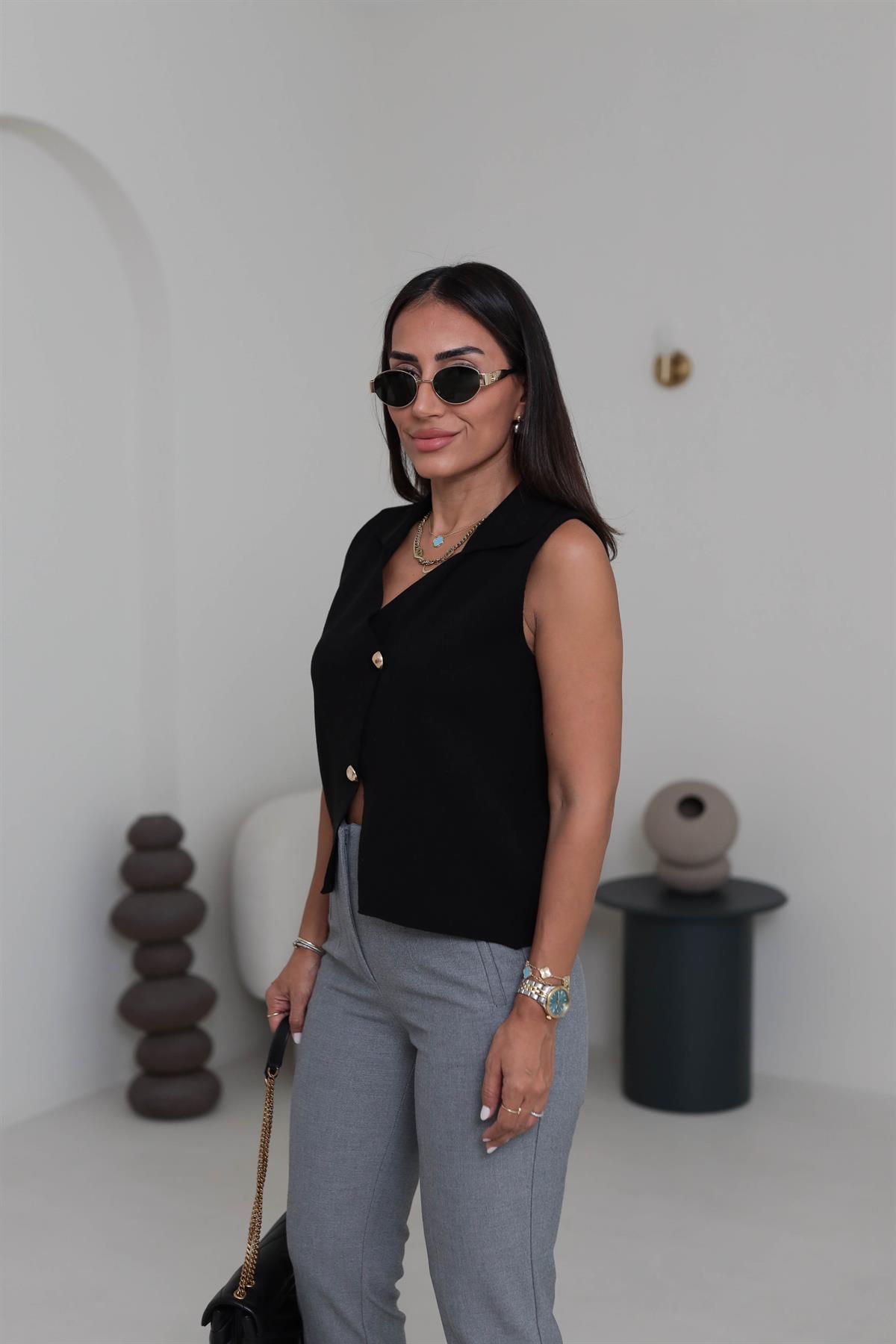 0070 Polo Yaka Çapraz Triko Yelek SİYAH