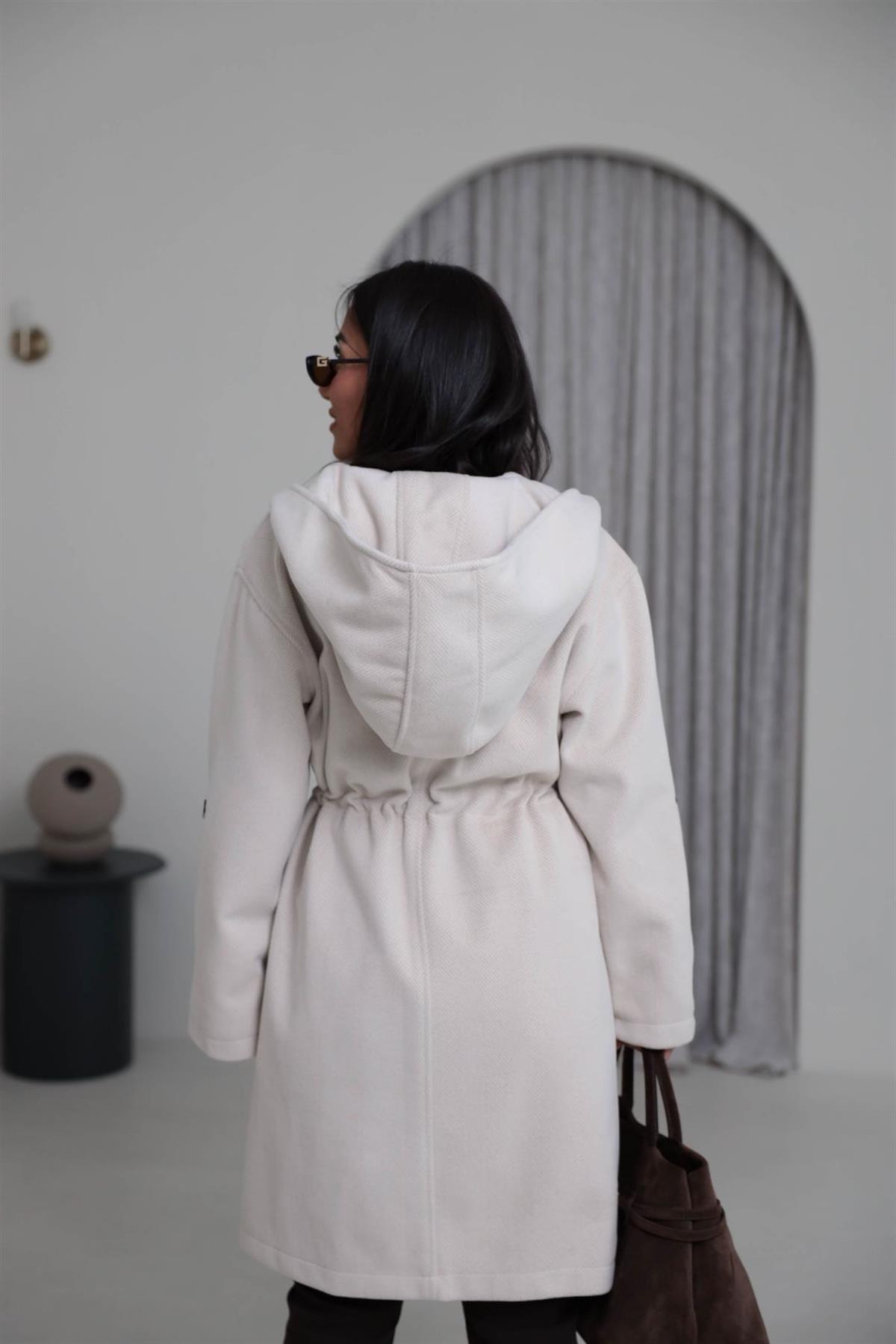 9852 Kapşonlu Balıksırtı Desen Kaban TAŞ