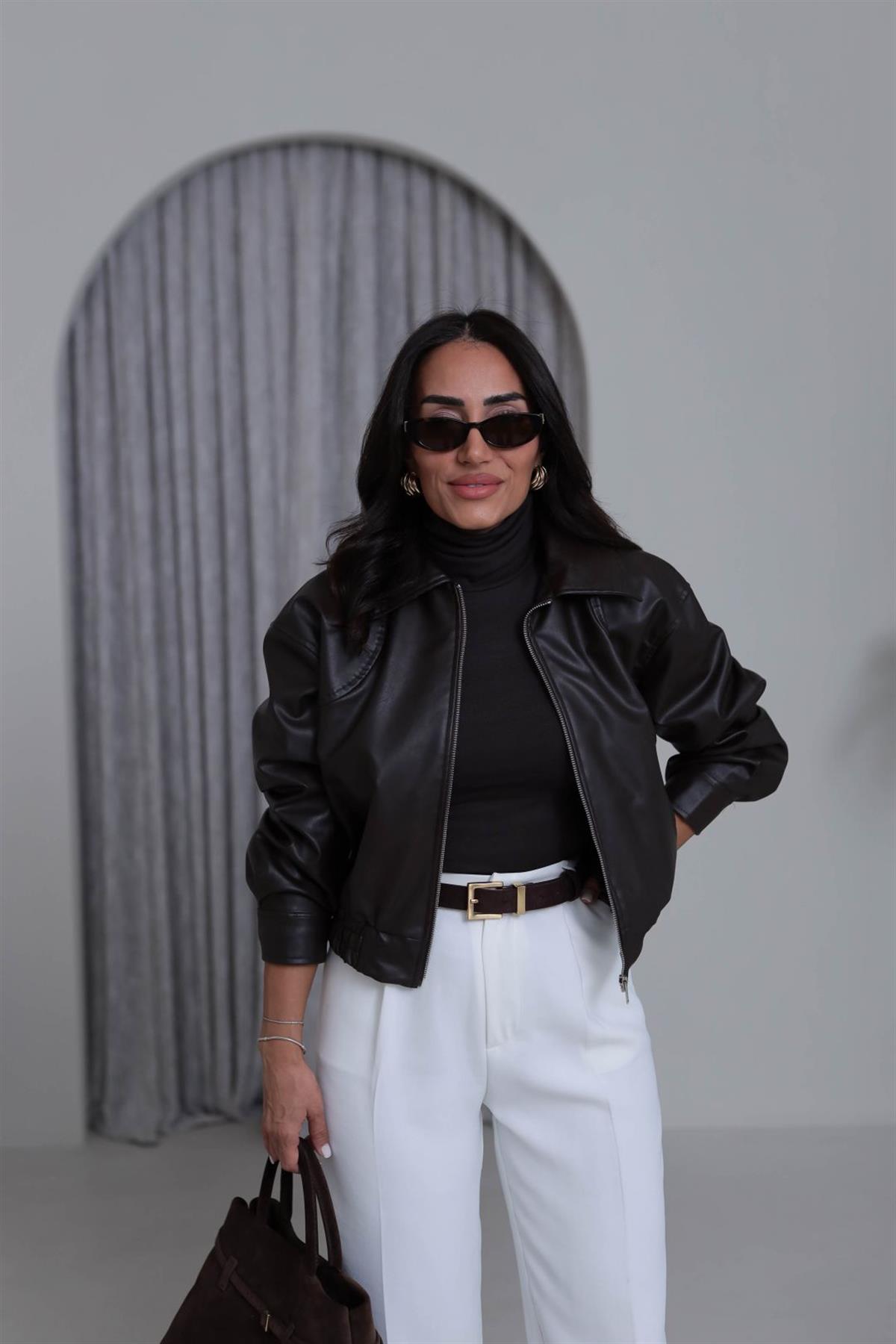 3128 Bel Lastikliı Suni Deri Bomber Ceket ACI KAHVE