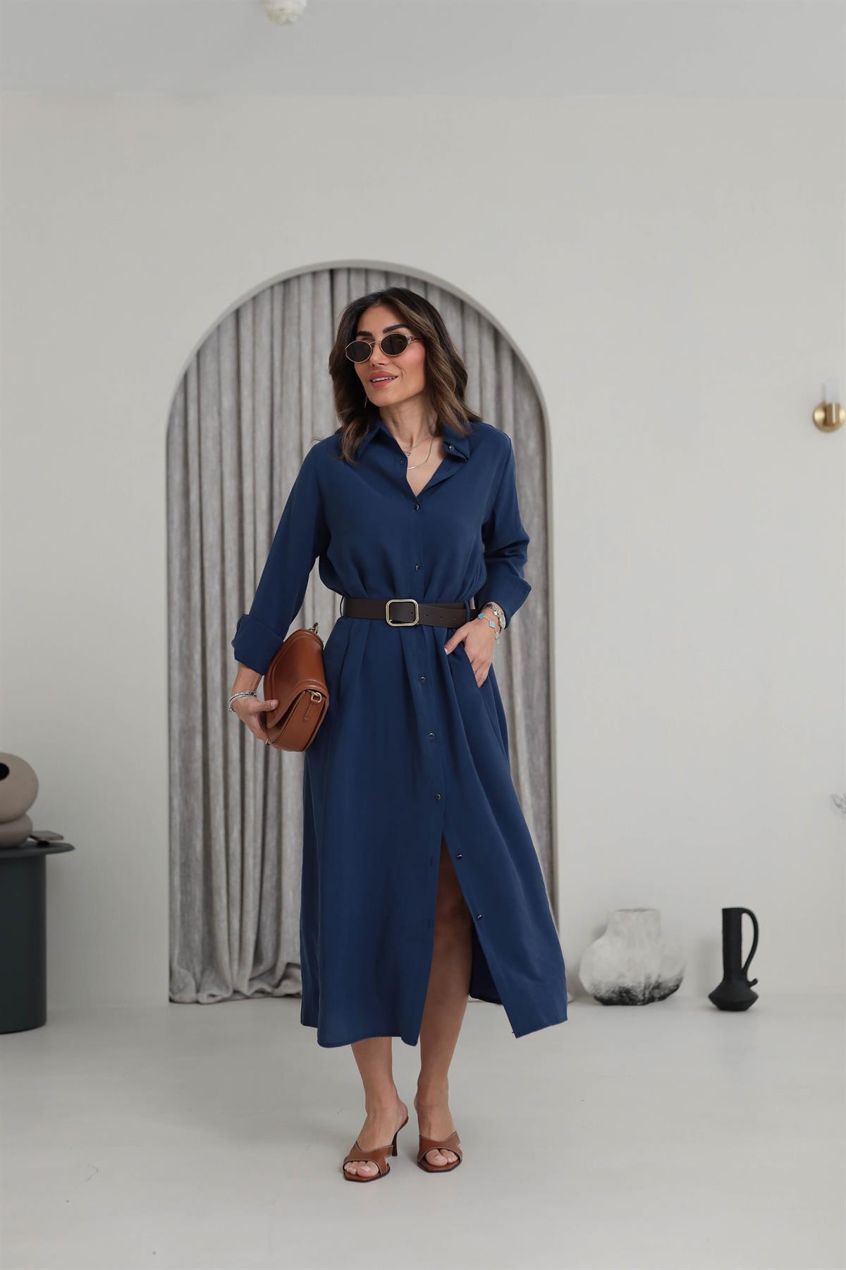 0286 Gold Düğmeli Tencel Gömlek Elbise LACİVERT