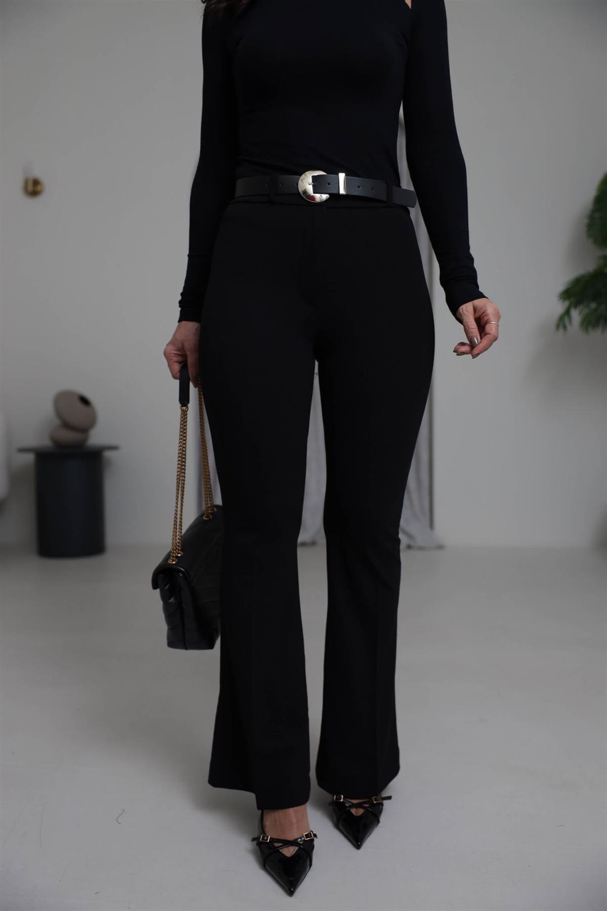 7090 Kemerli Likralı İspanyol Pantolon SİYAH