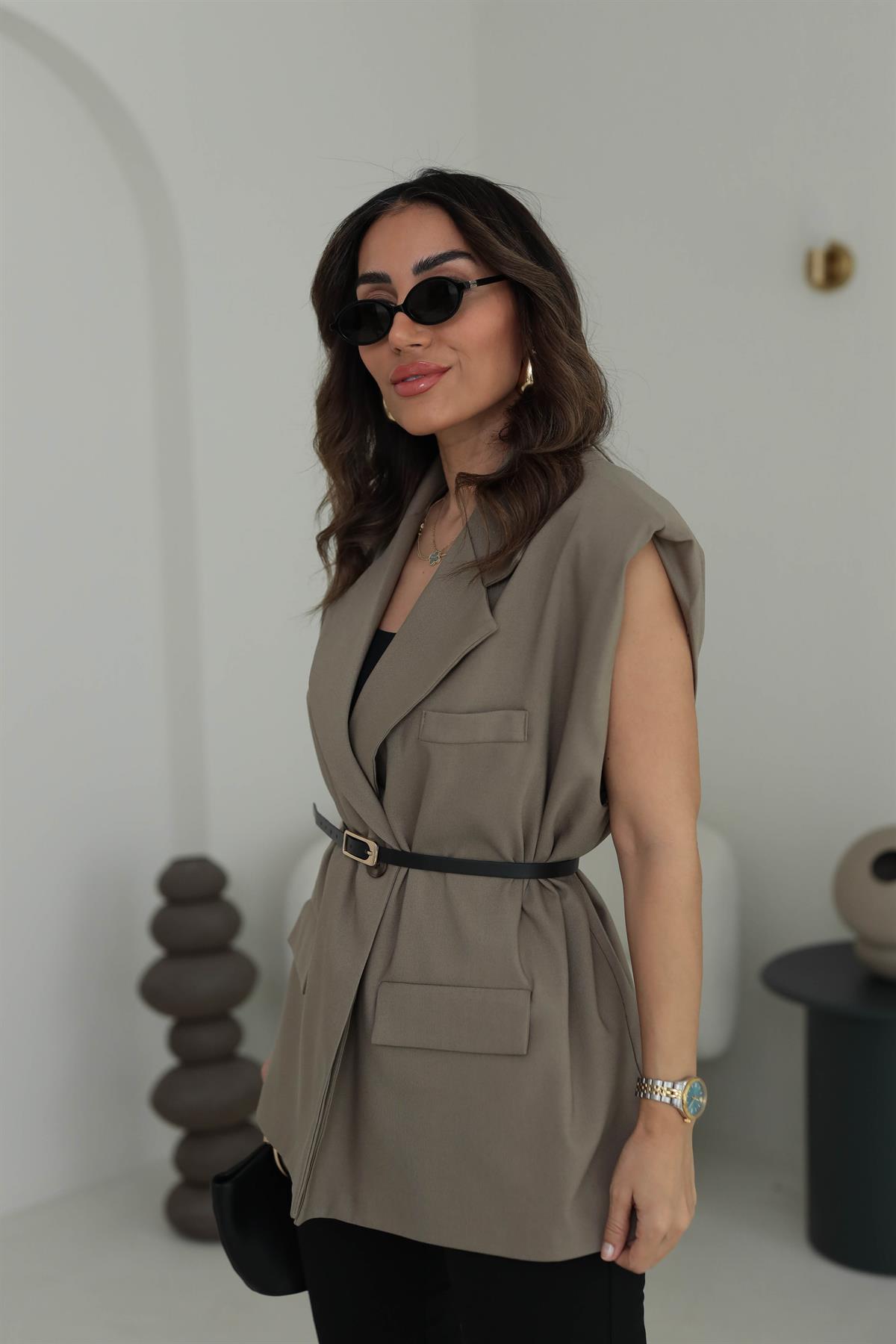 7449 Vatkalı Ve kemerli Yelek Ceket HAKİ YEŞİL