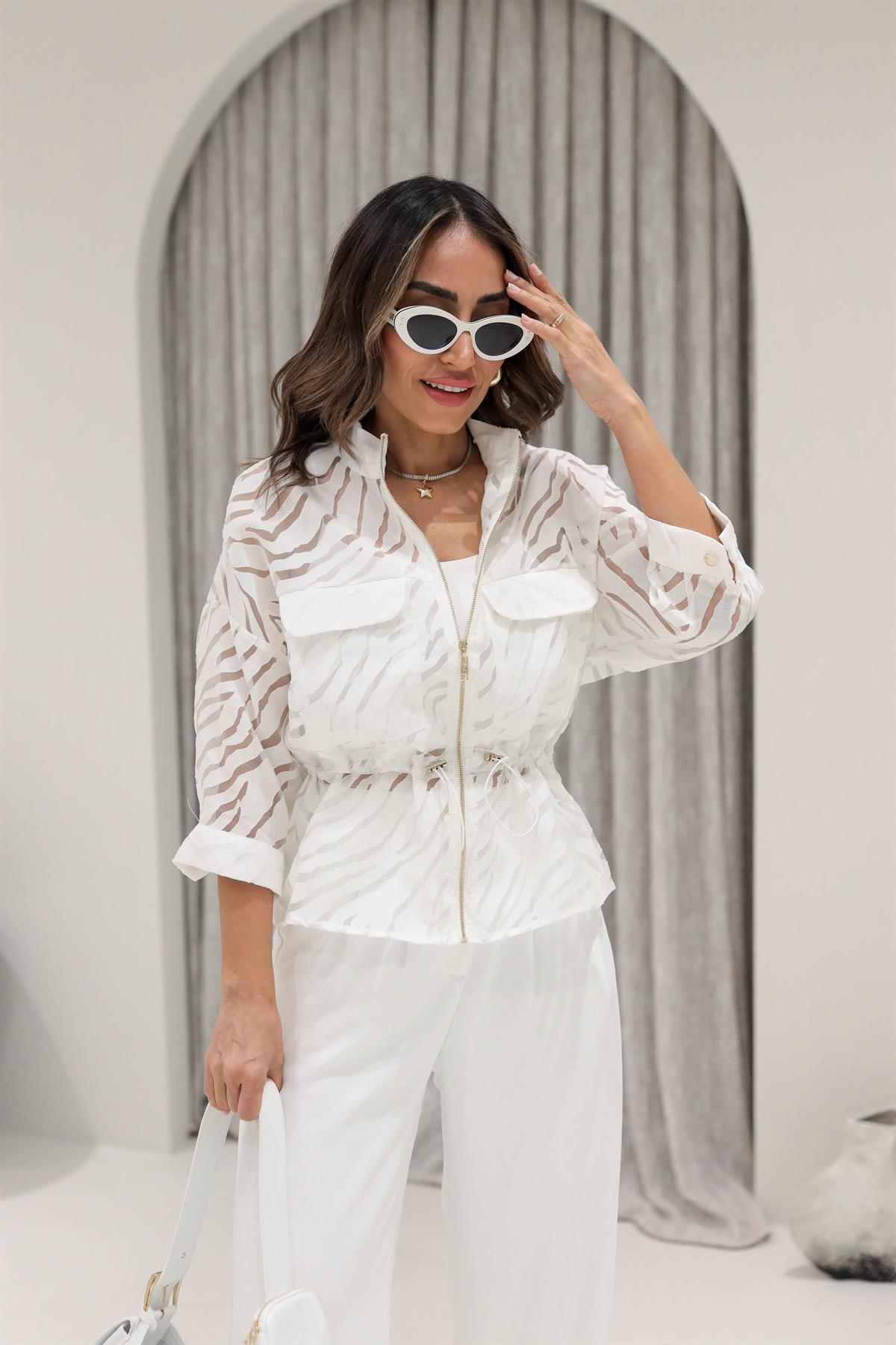 2938 Orgaze Tül Kumaş Fermuarlı Ceket