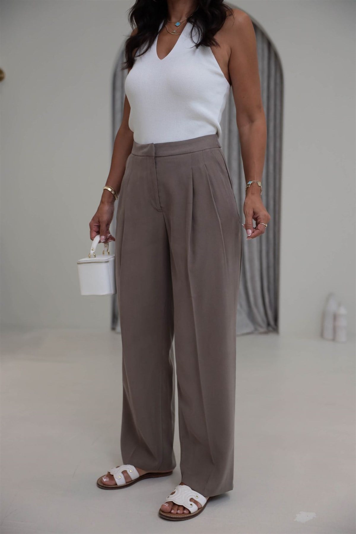7545 Beli Ayarlanabilir Tencel Pantolon VİZON