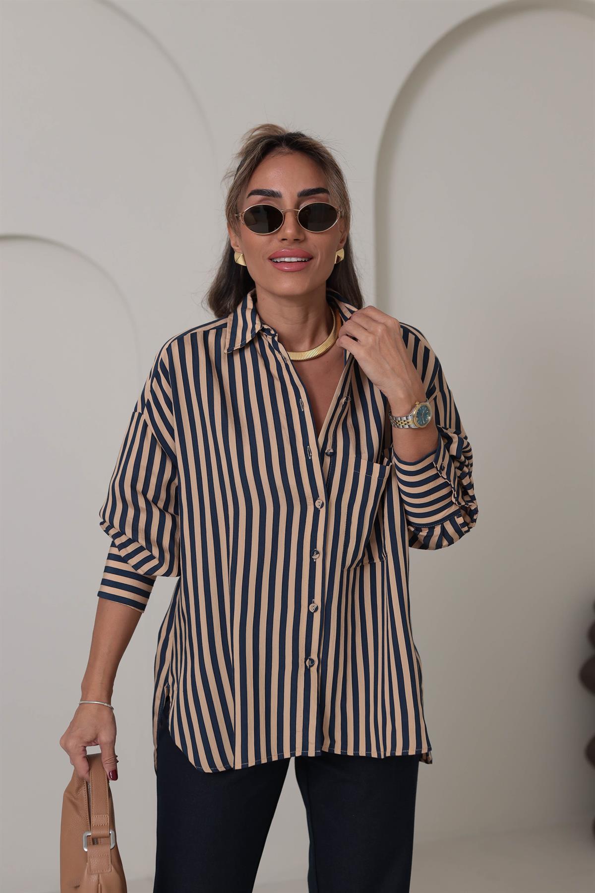 4969 Çizgili Rahat Viskon Gömlek LACİ-CAMEL