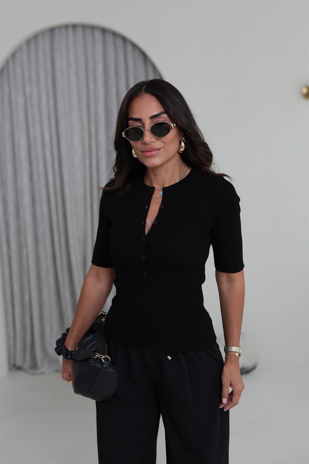 0731 Bisiklet Yaka Fitilli İnce Triko Bluz SİYAH