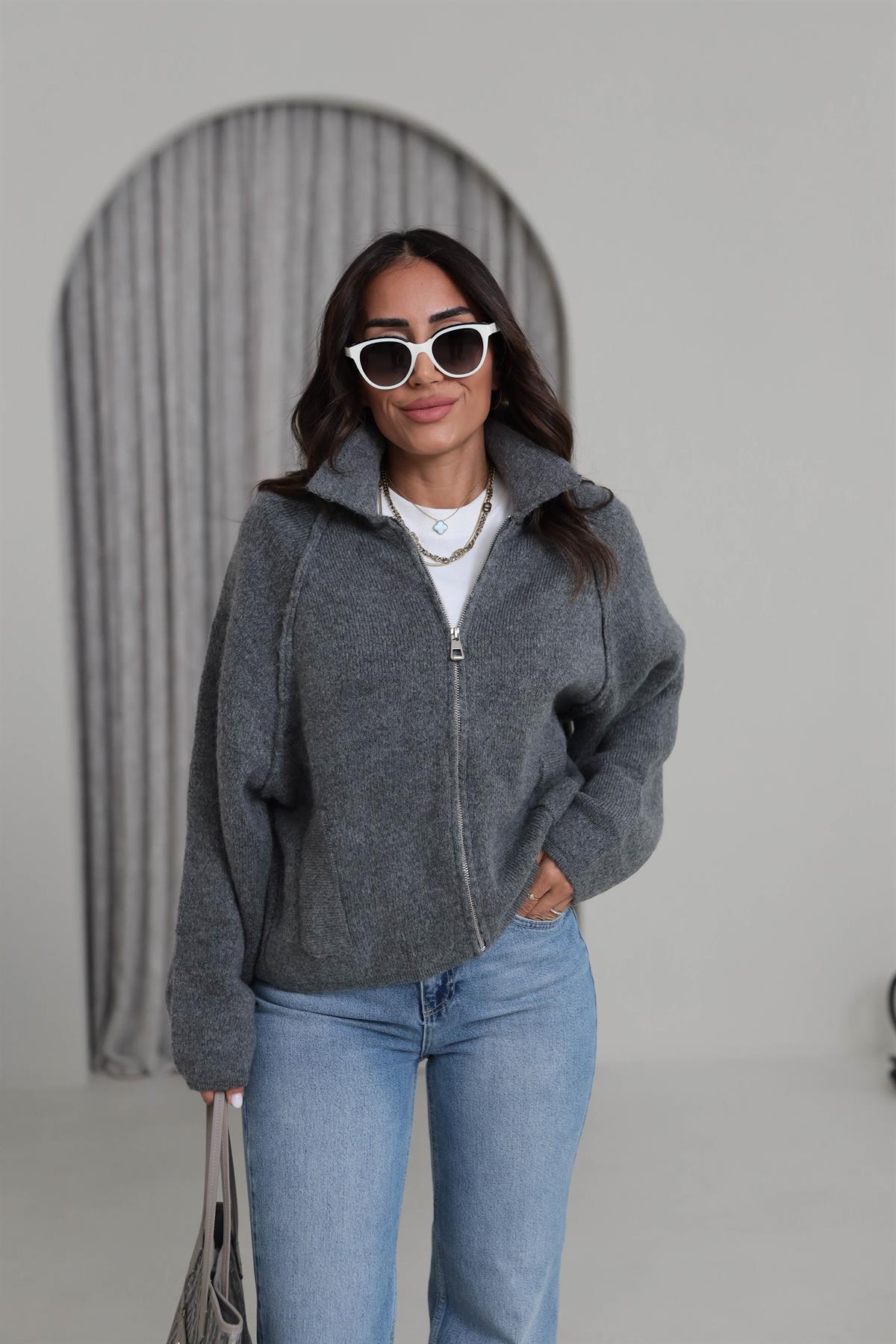 4904 Fermuar Detaylı Reglan Kol Triko Hırka GRİ