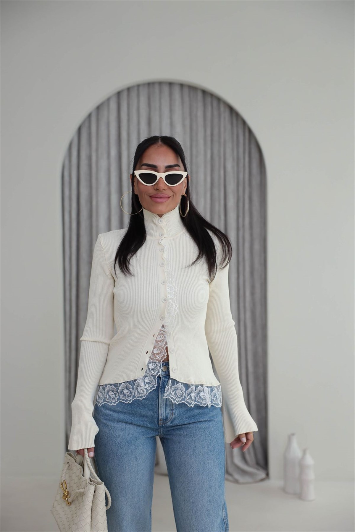 Yarım Balıkçı İspanyol Kol Güpürlü Hırka KREM