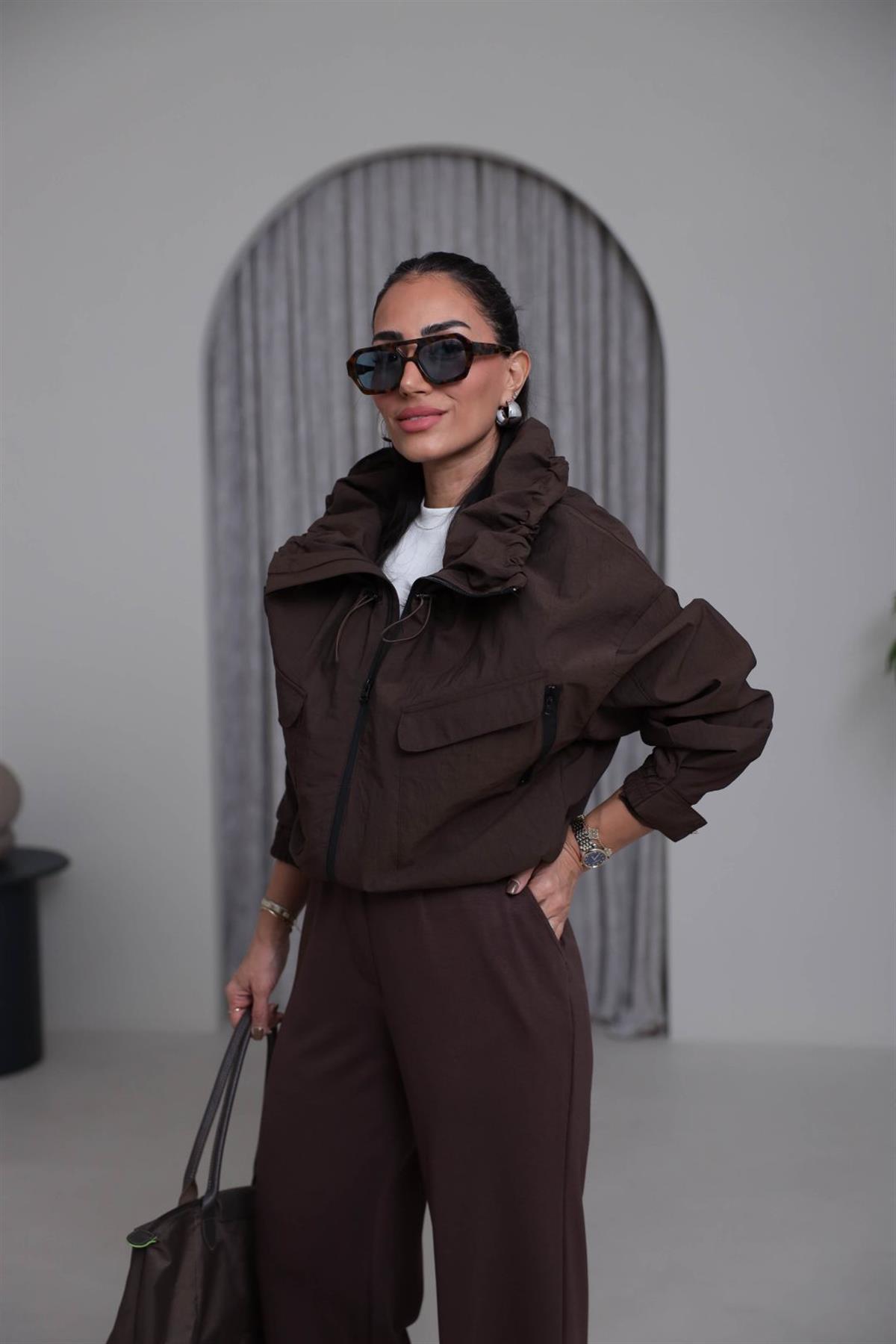 7077 Yaka Büzgülü Önden Fermuarlı Bomber ACI KAHVE