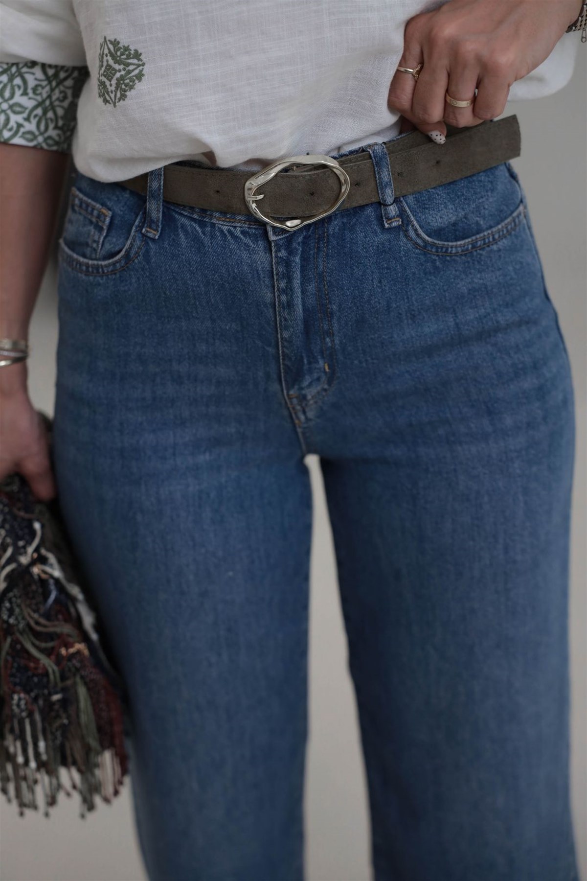 1026 Tencel Denim Süet Kemerli Kumaş Pantolon LACİVERT