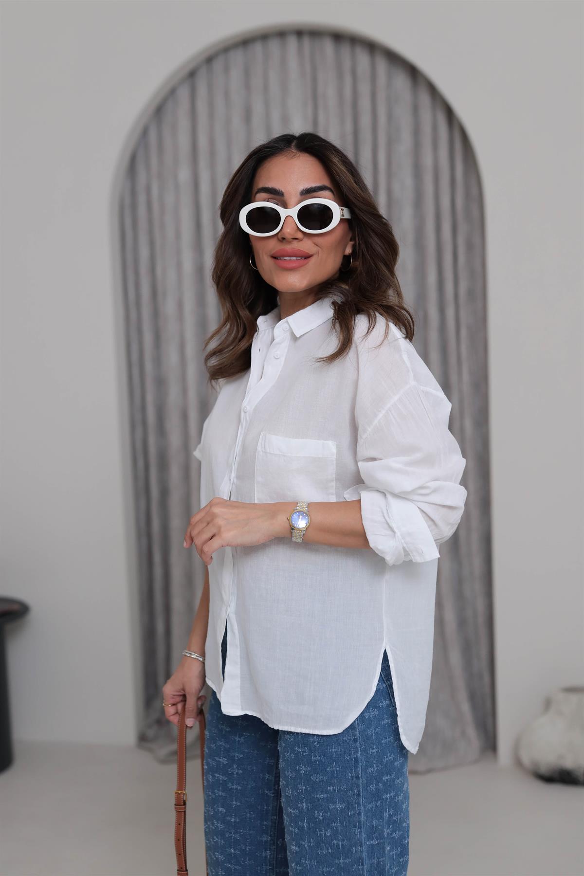 4294 Cep Detaylı Pamuklu Dokulu Gömlek BEYAZ