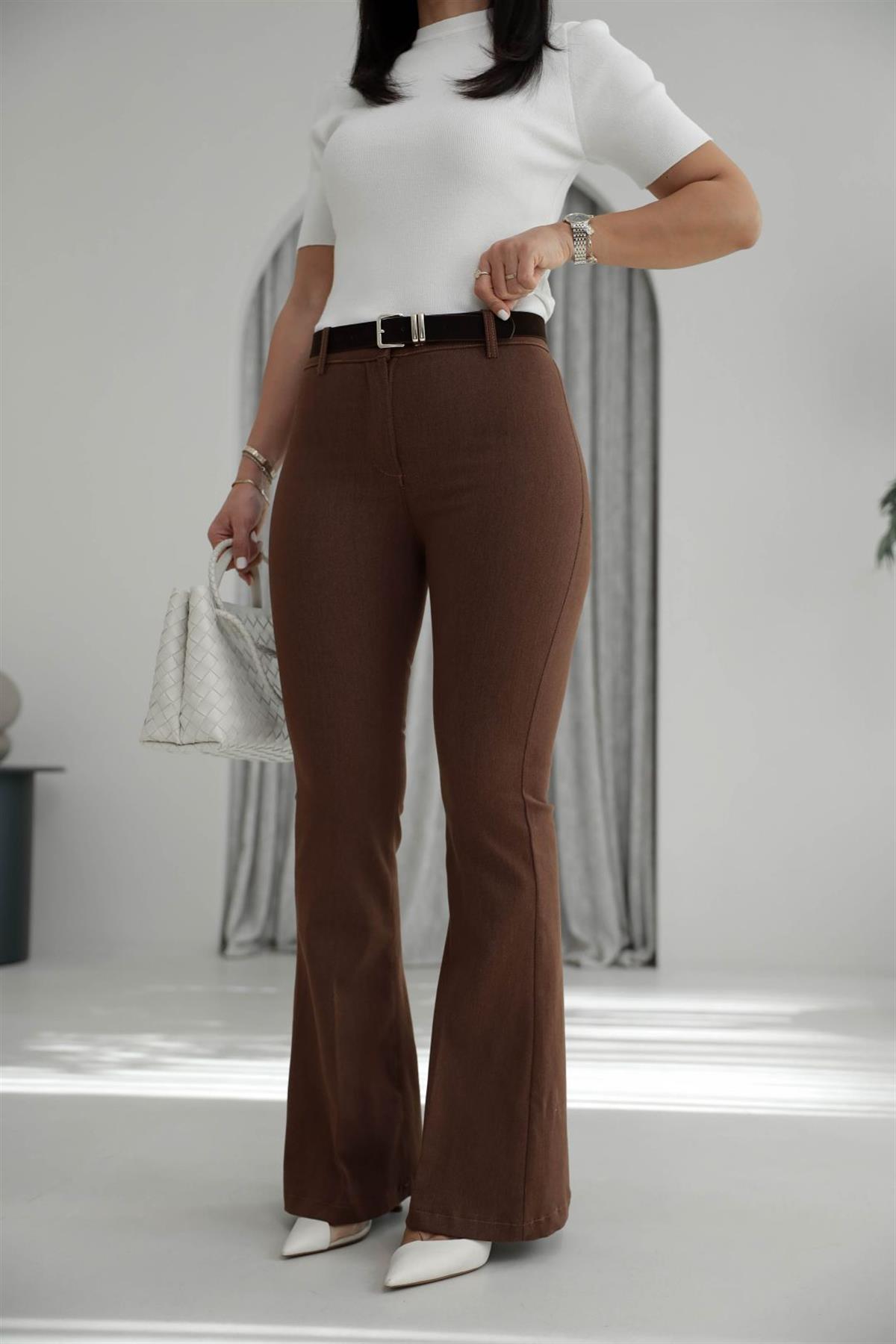 7142 Likralı Kemerli Gabardin İspanyol Pantolon TABA