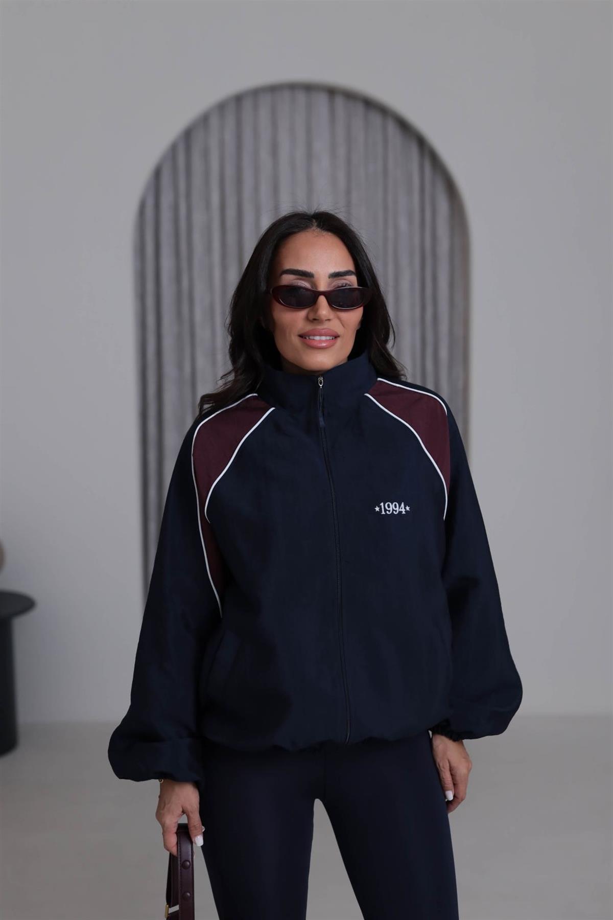 0769 Lastikli Yazı Detaylı  Paraşüt Kumaş Retro Ceket LACİVERT