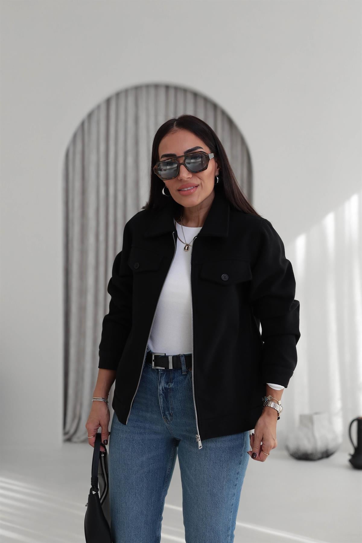 2806 Gömlek Yaka Detay Kaşe Ceket SİYAH